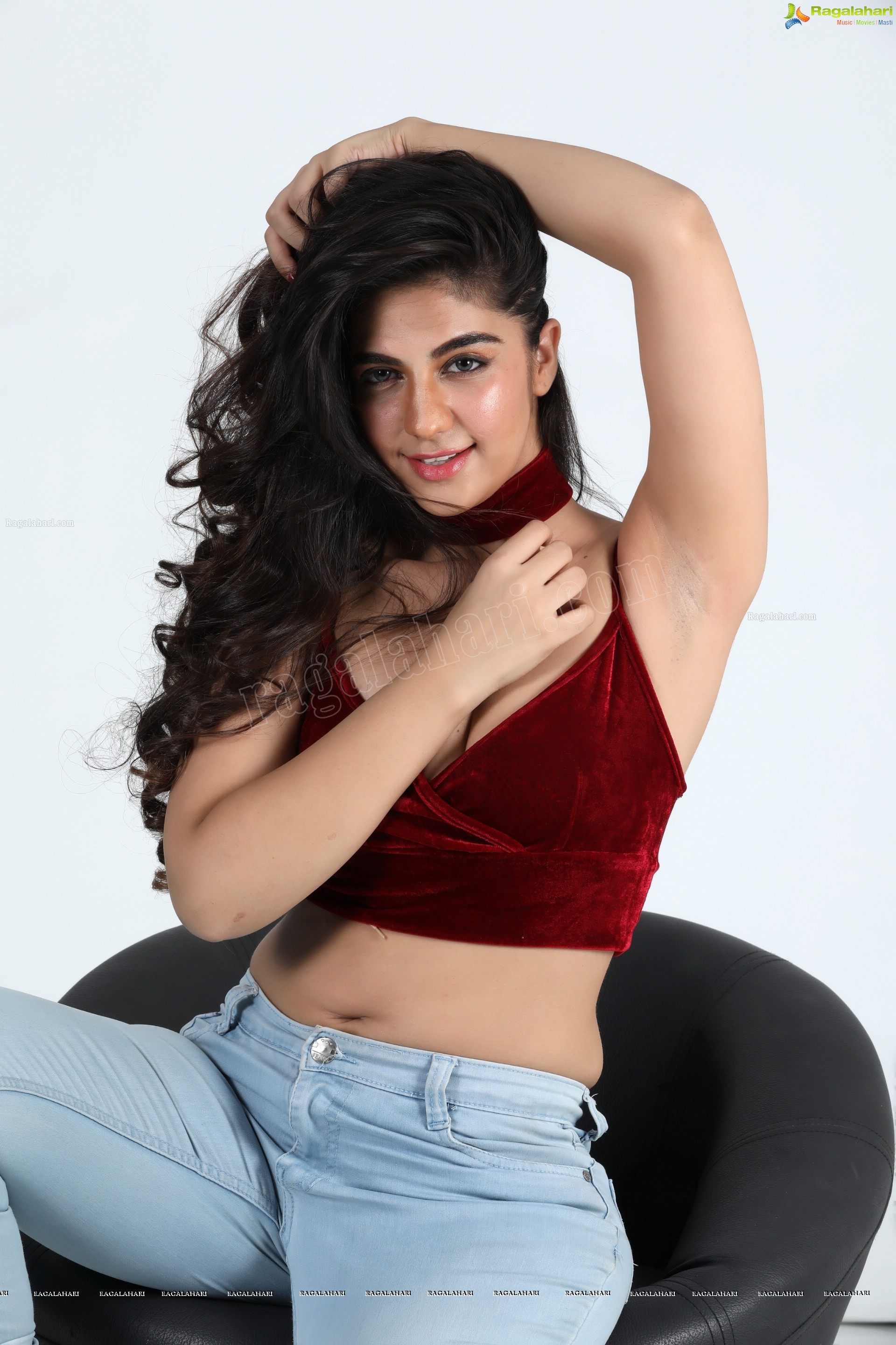 Harshita Panwar in Red Velvet Crop Top and Jeans, Exclusive Photo Shoot