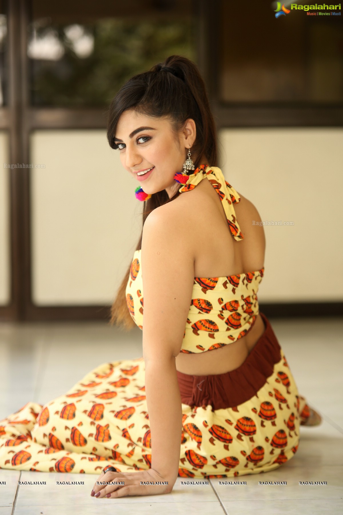 Harshitha Panwar in Yellow and Brown Printed Crop Top and Long Skirt, Photo Gallery