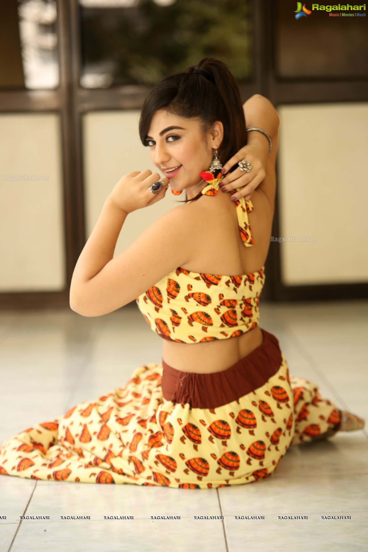 Harshitha Panwar in Yellow and Brown Printed Crop Top and Long Skirt, Photo Gallery