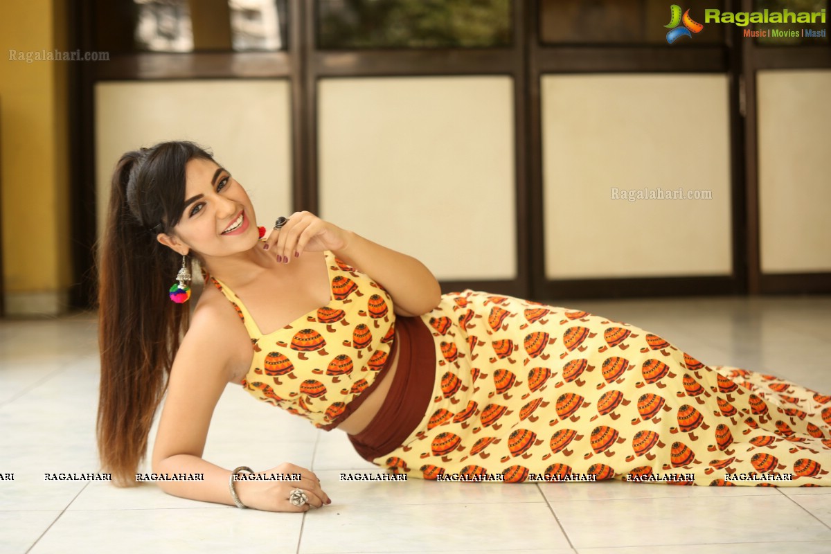 Harshitha Panwar in Yellow and Brown Printed Crop Top and Long Skirt, Photo Gallery