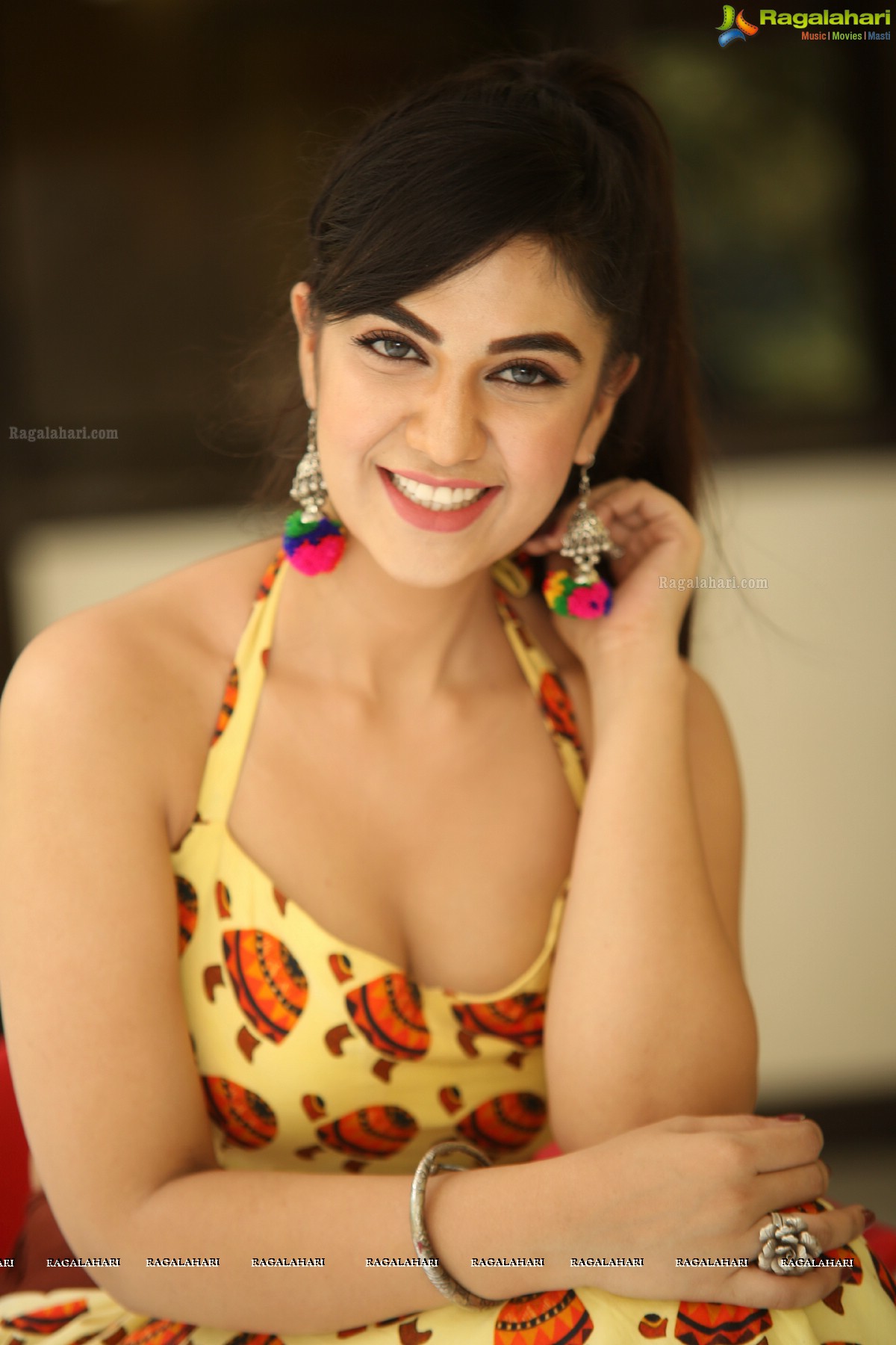 Harshitha Panwar in Yellow and Brown Printed Crop Top and Long Skirt, Photo Gallery