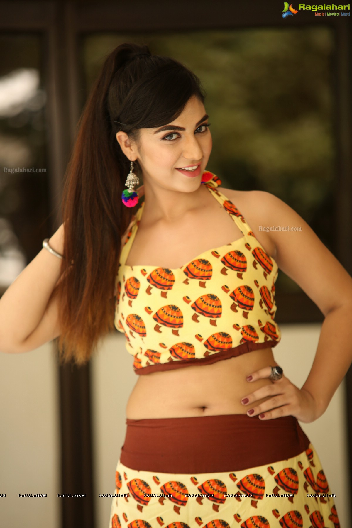 Harshitha Panwar in Yellow and Brown Printed Crop Top and Long Skirt, Photo Gallery