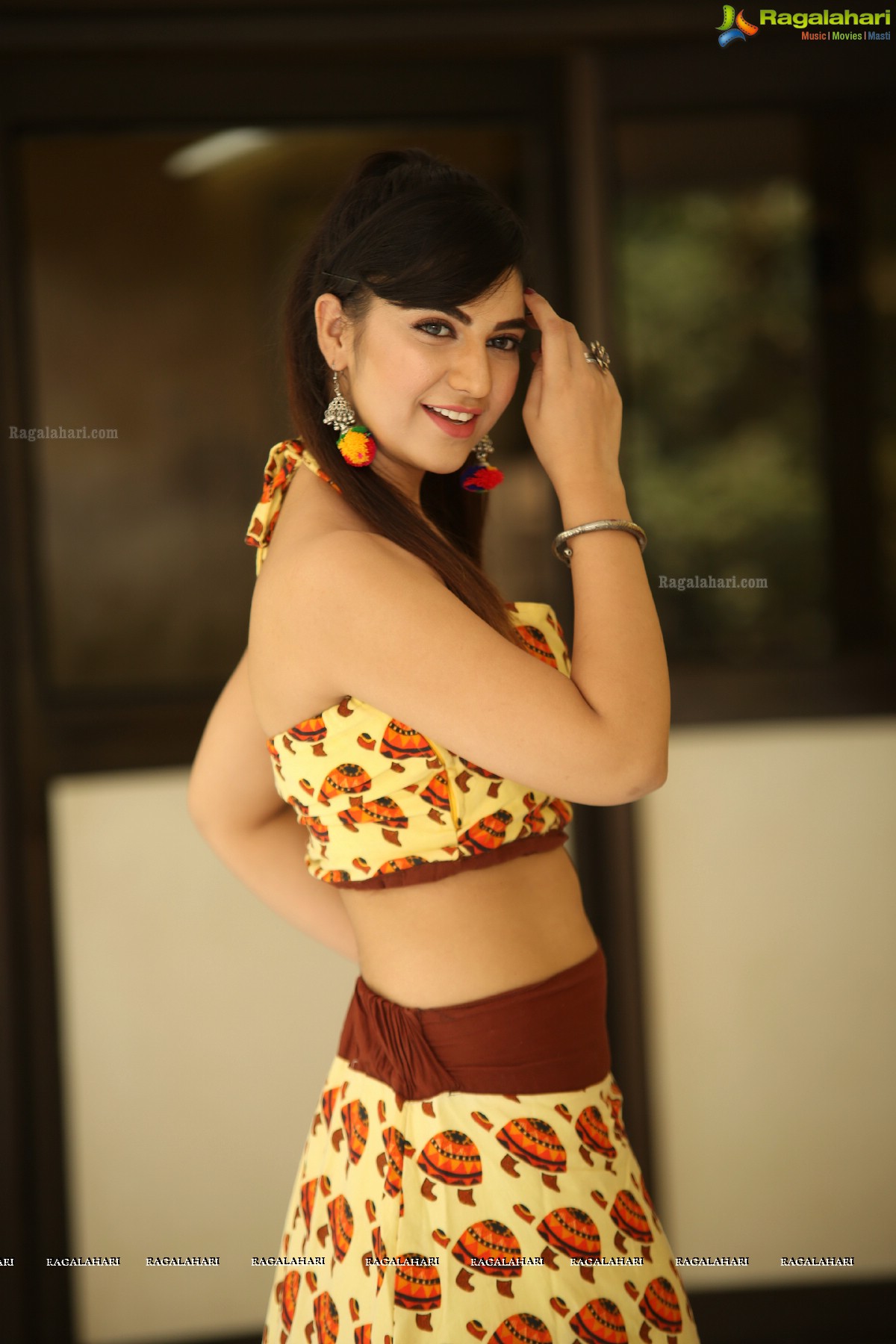 Harshitha Panwar in Yellow and Brown Printed Crop Top and Long Skirt, Photo Gallery