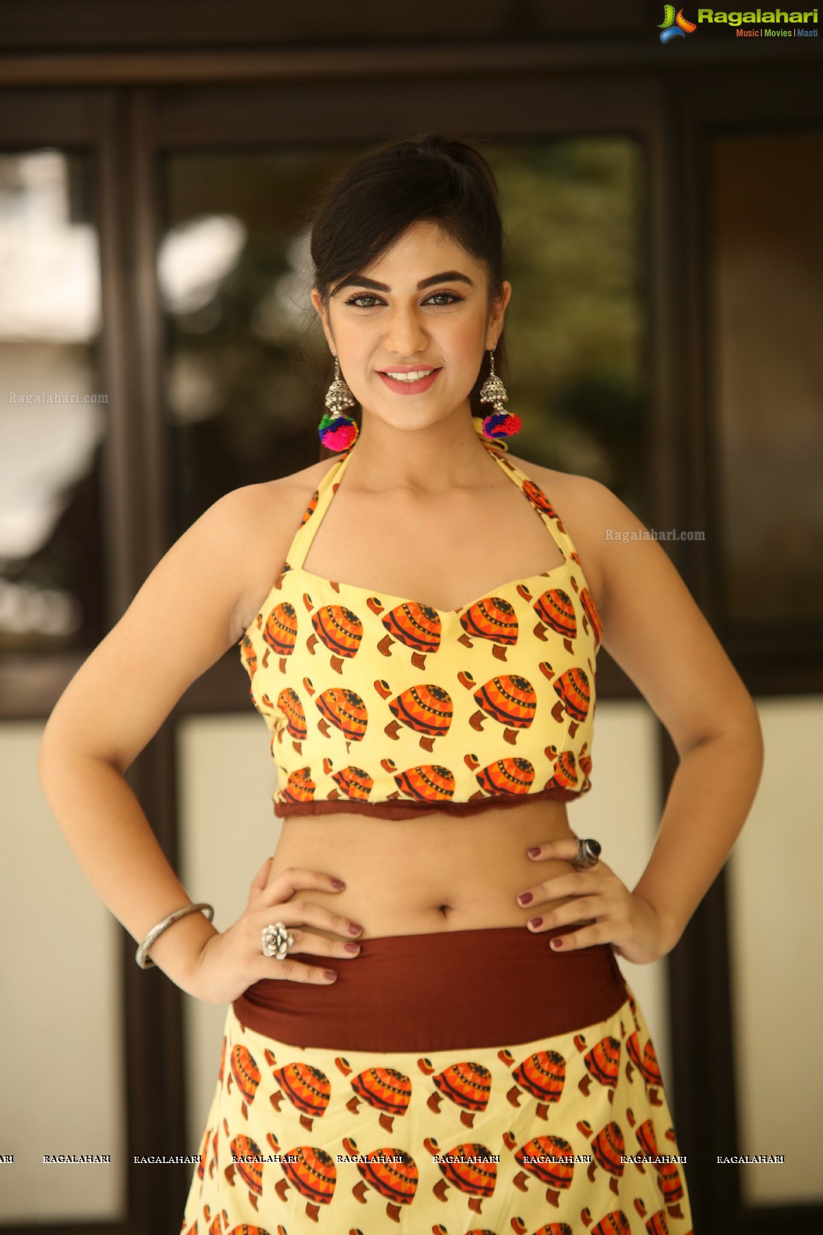 Harshitha Panwar in Yellow and Brown Printed Crop Top and Long Skirt, Photo Gallery