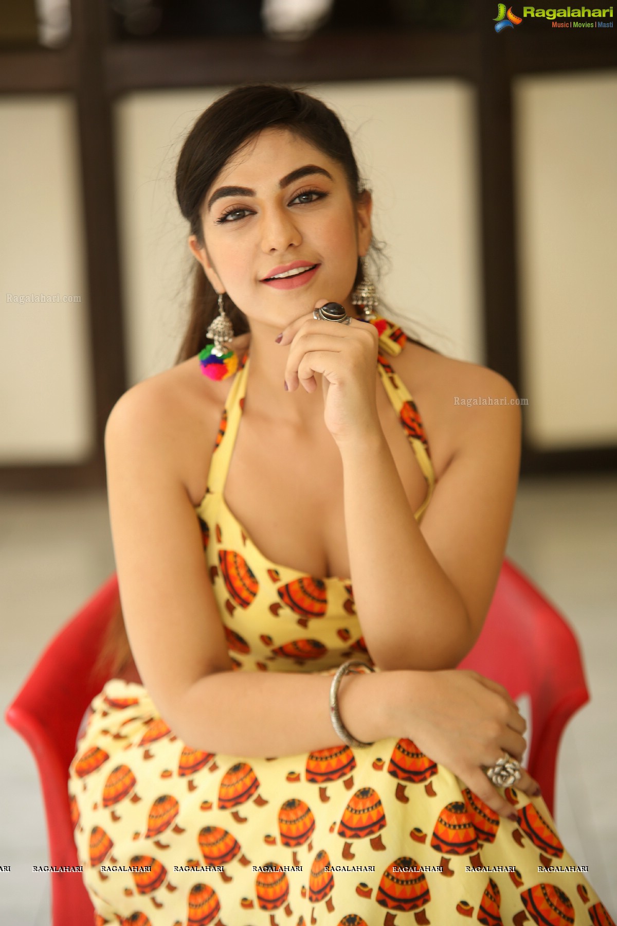 Harshitha Panwar in Yellow and Brown Printed Crop Top and Long Skirt, Photo Gallery