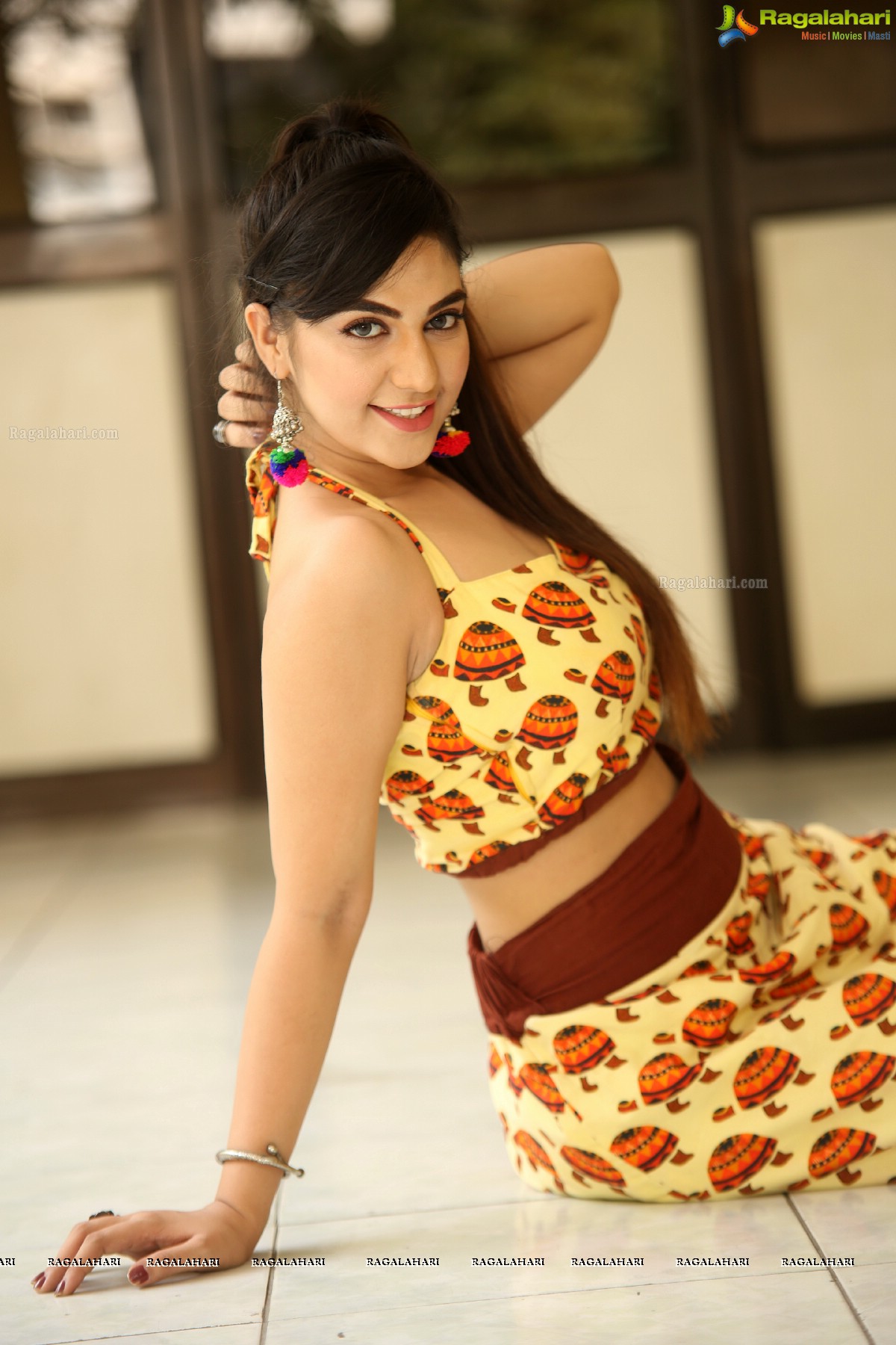 Harshitha Panwar in Yellow and Brown Printed Crop Top and Long Skirt, Photo Gallery