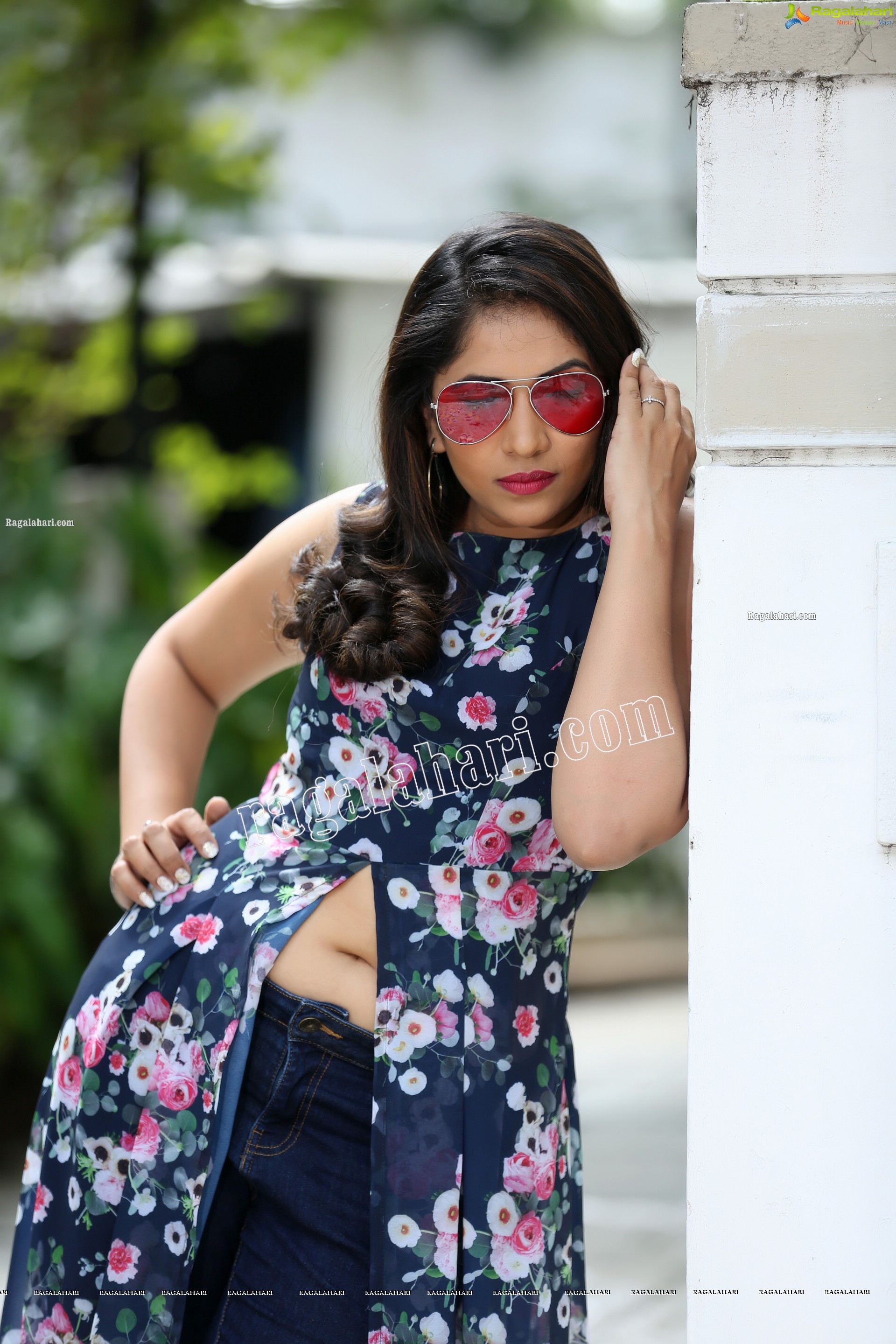 Anchor Indu in Navy Blue Floral Front Slit Top Exclusive Photo Shoot