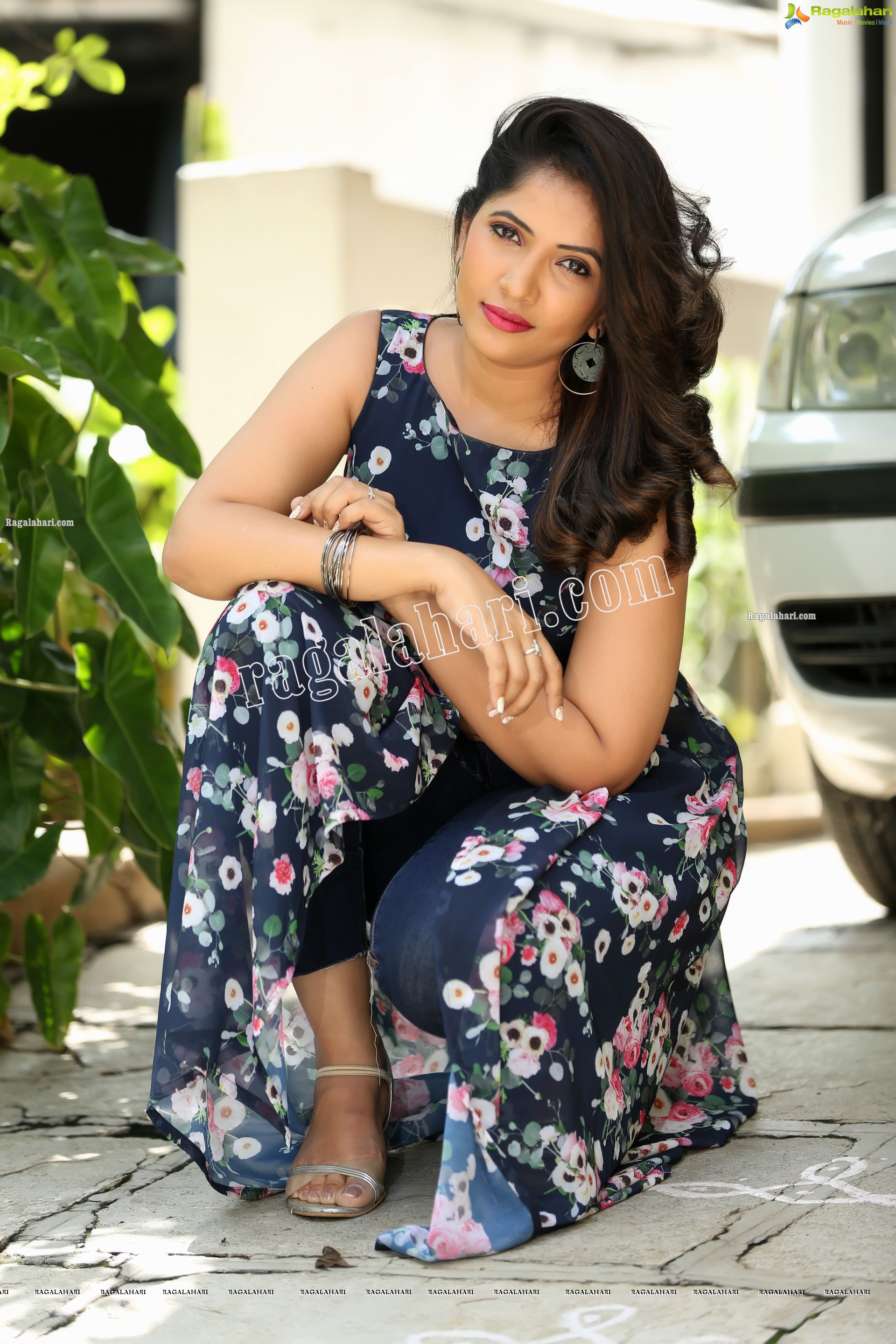Anchor Indu in Navy Blue Floral Front Slit Top Exclusive Photo Shoot
