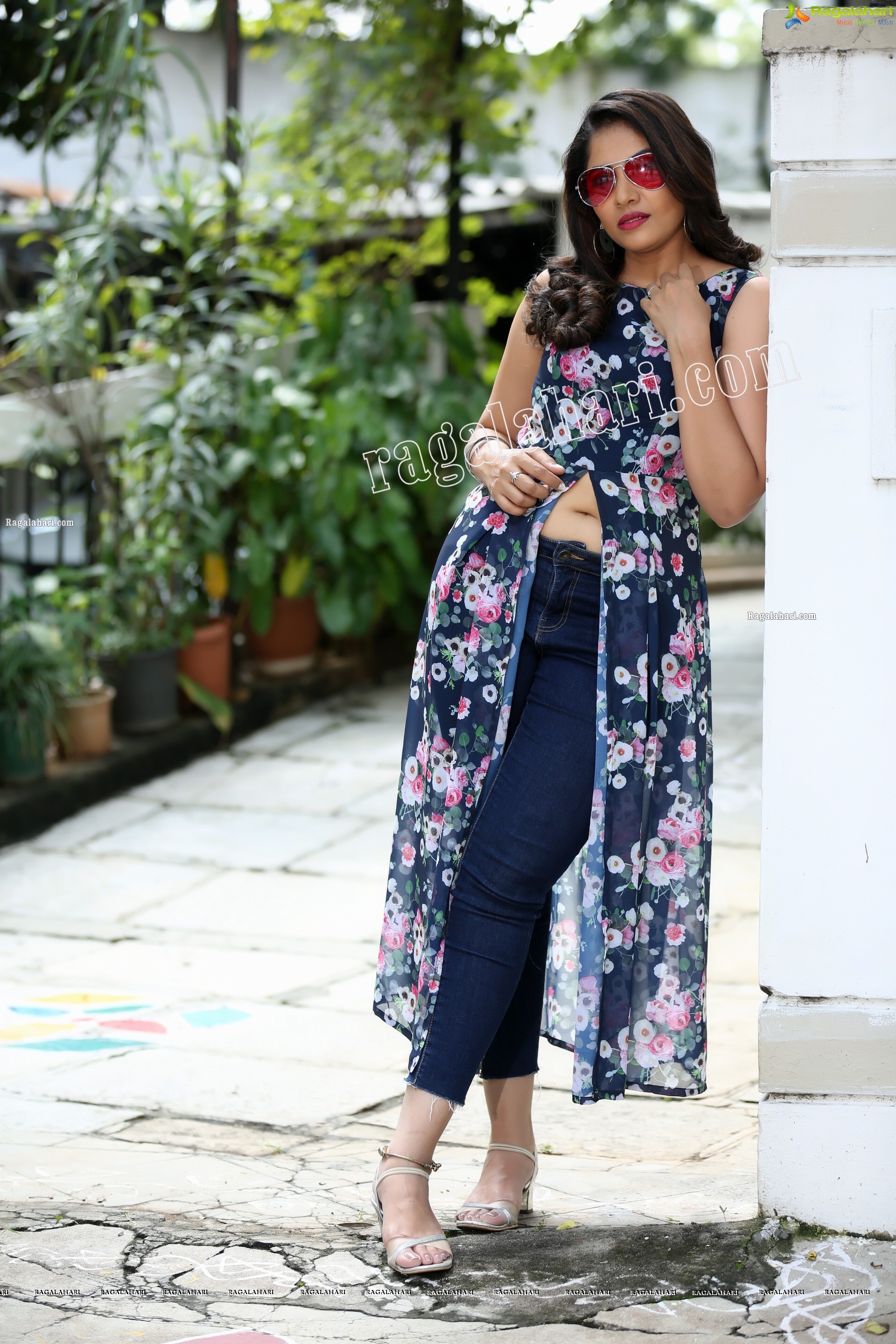 Anchor Indu in Navy Blue Floral Front Slit Top Exclusive Photo Shoot