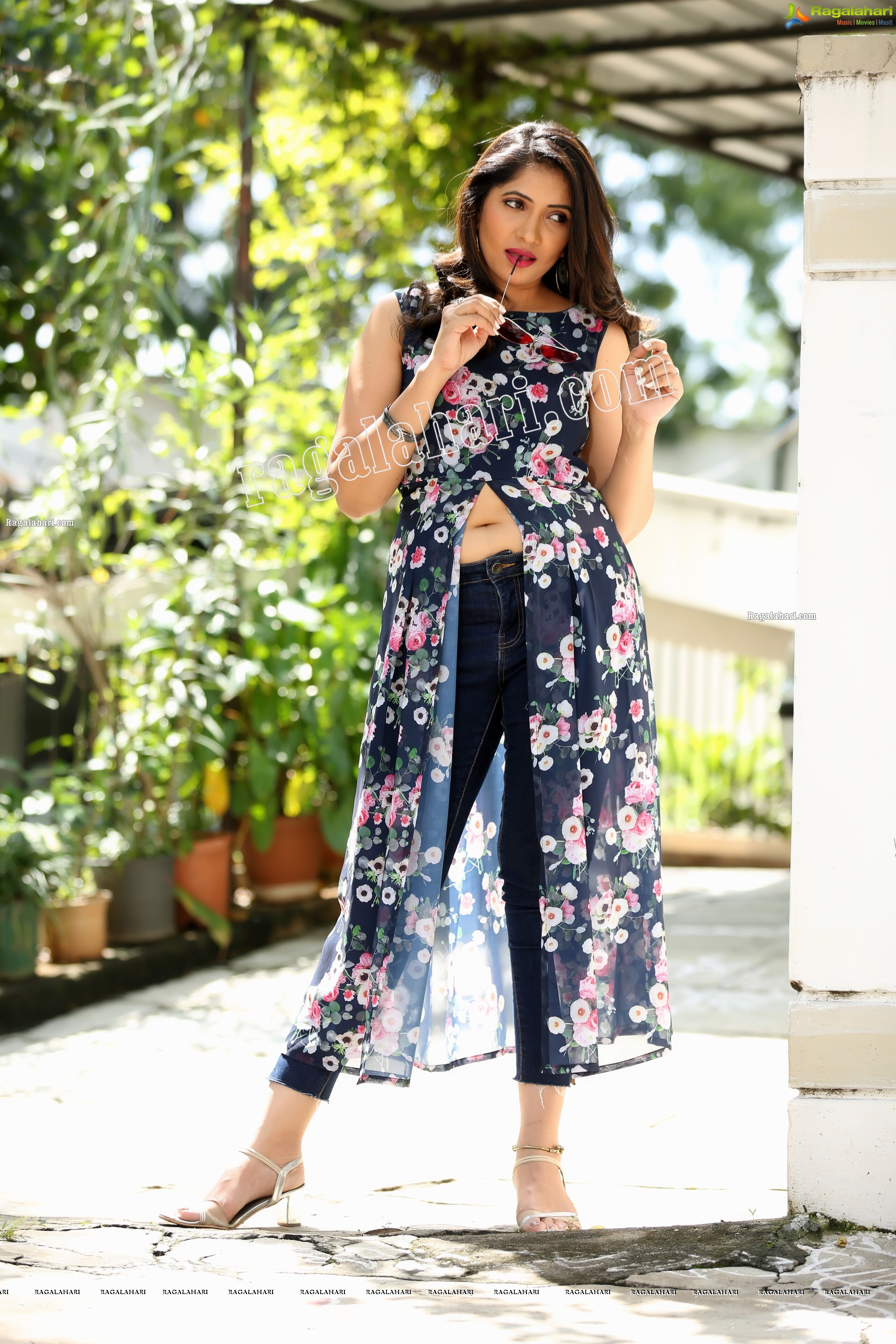 Anchor Indu in Navy Blue Floral Front Slit Top Exclusive Photo Shoot