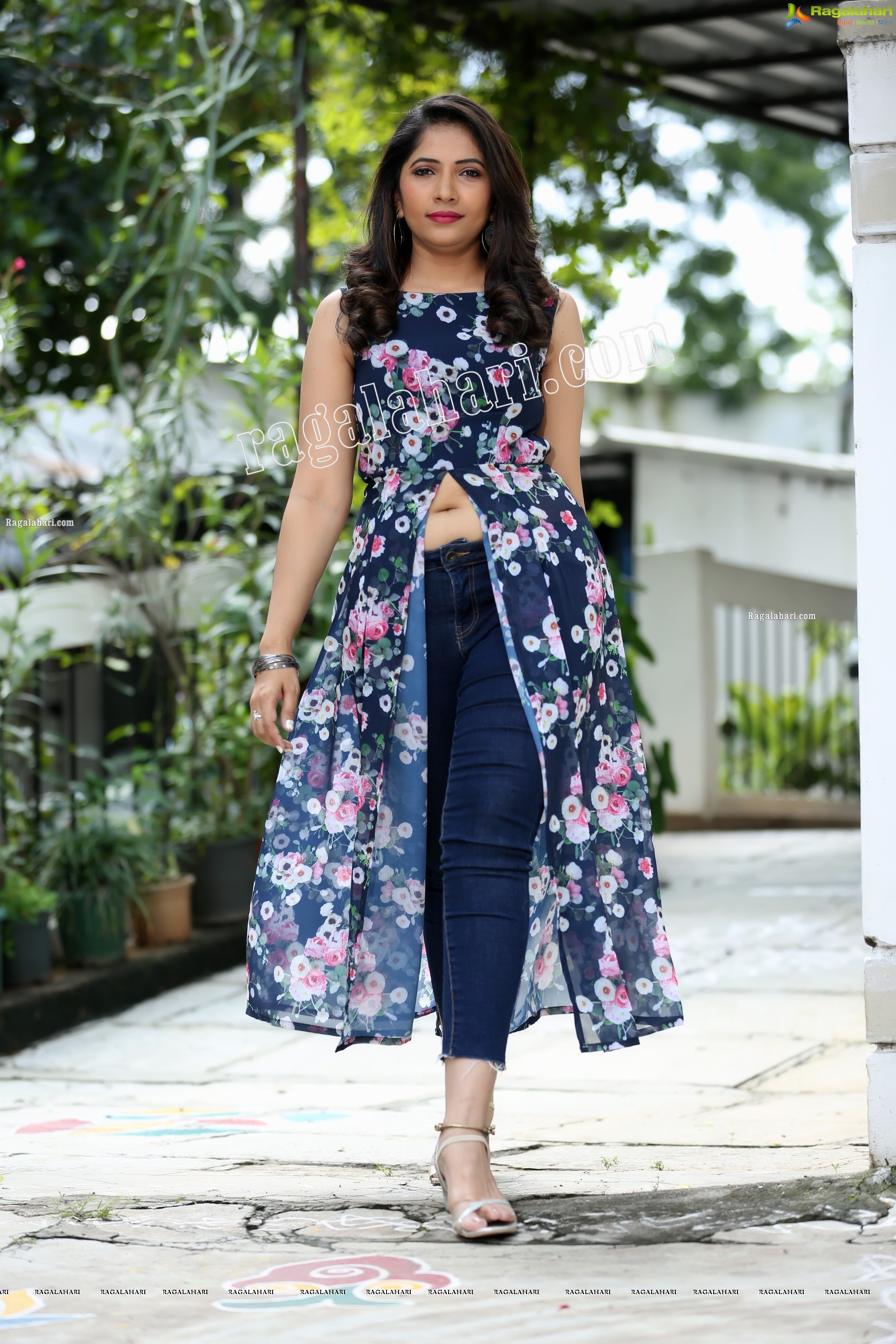 Anchor Indu in Navy Blue Floral Front Slit Top Exclusive Photo Shoot