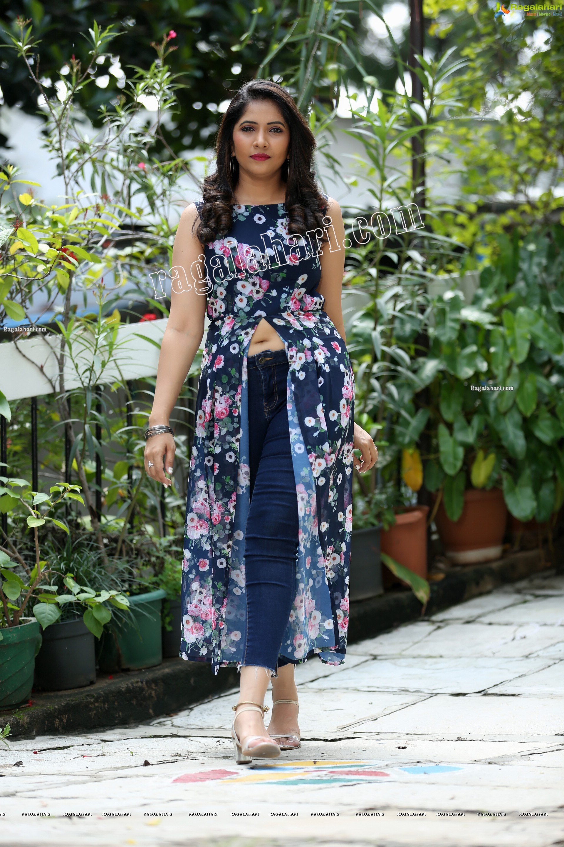 Anchor Indu in Navy Blue Floral Front Slit Top Exclusive Photo Shoot