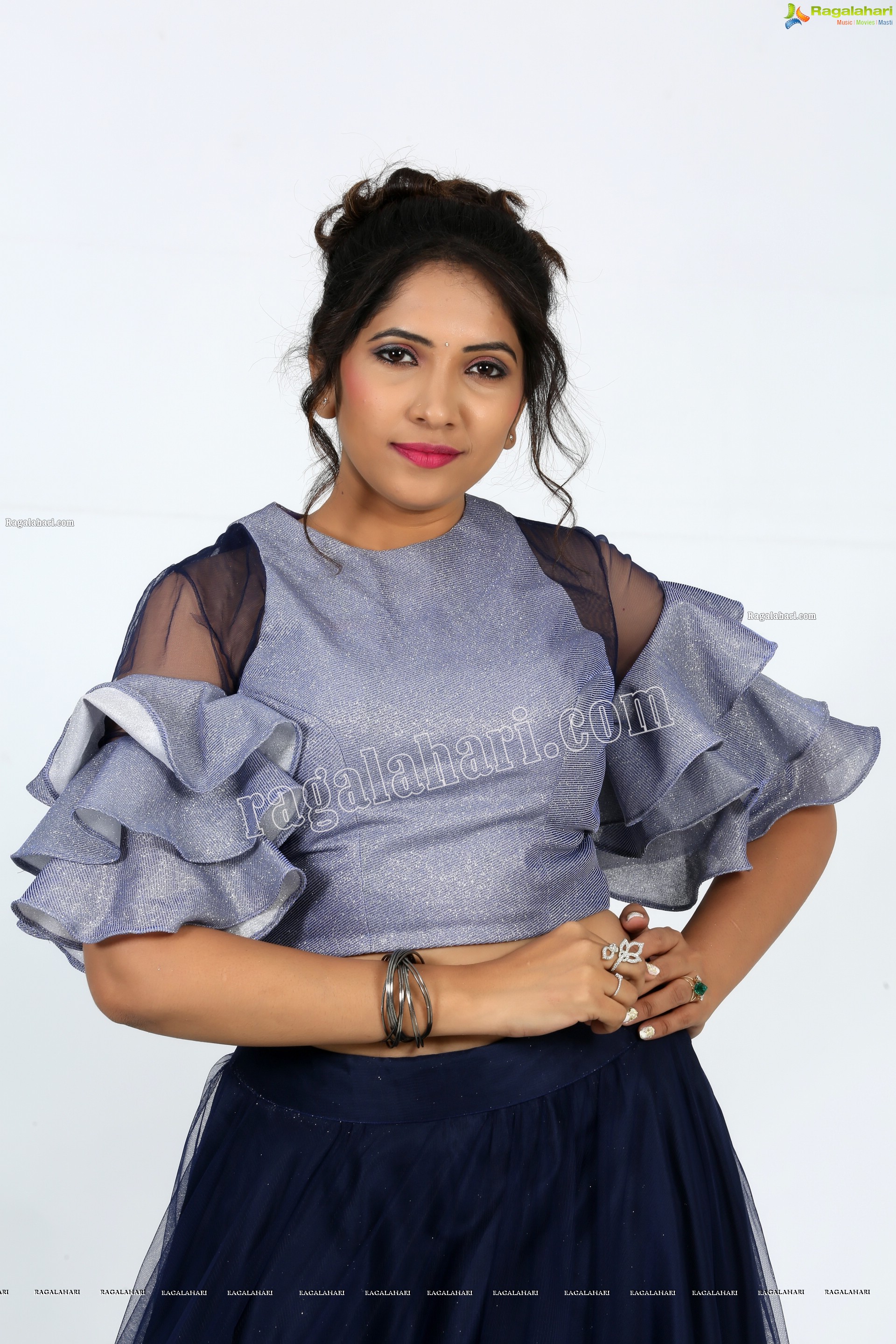 Anchor Indu in Navy Blue Ruffle Lehenga Exclusive Photo Shoot