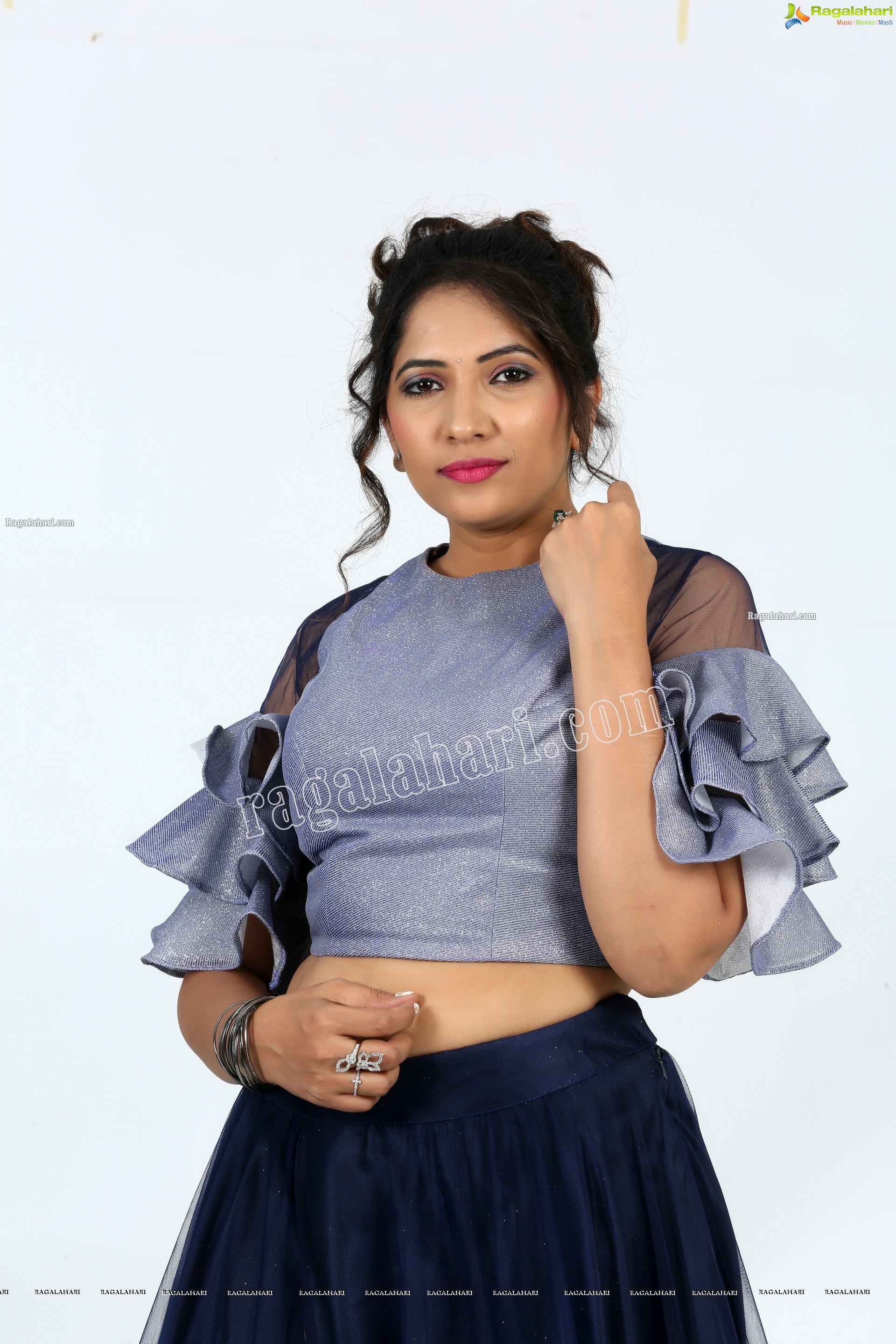 Anchor Indu in Navy Blue Ruffle Lehenga Exclusive Photo Shoot