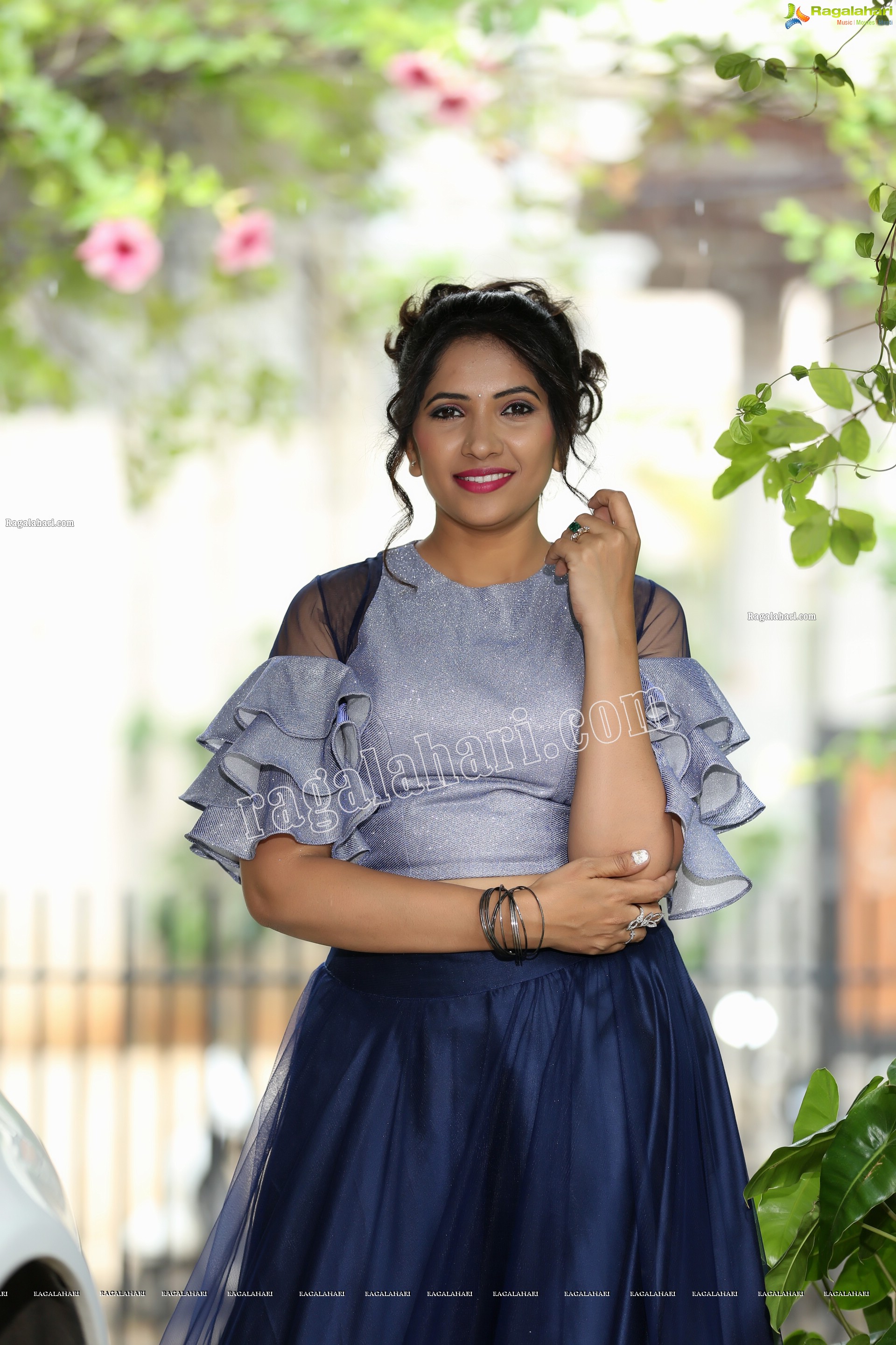 Anchor Indu in Navy Blue Ruffle Lehenga Exclusive Photo Shoot