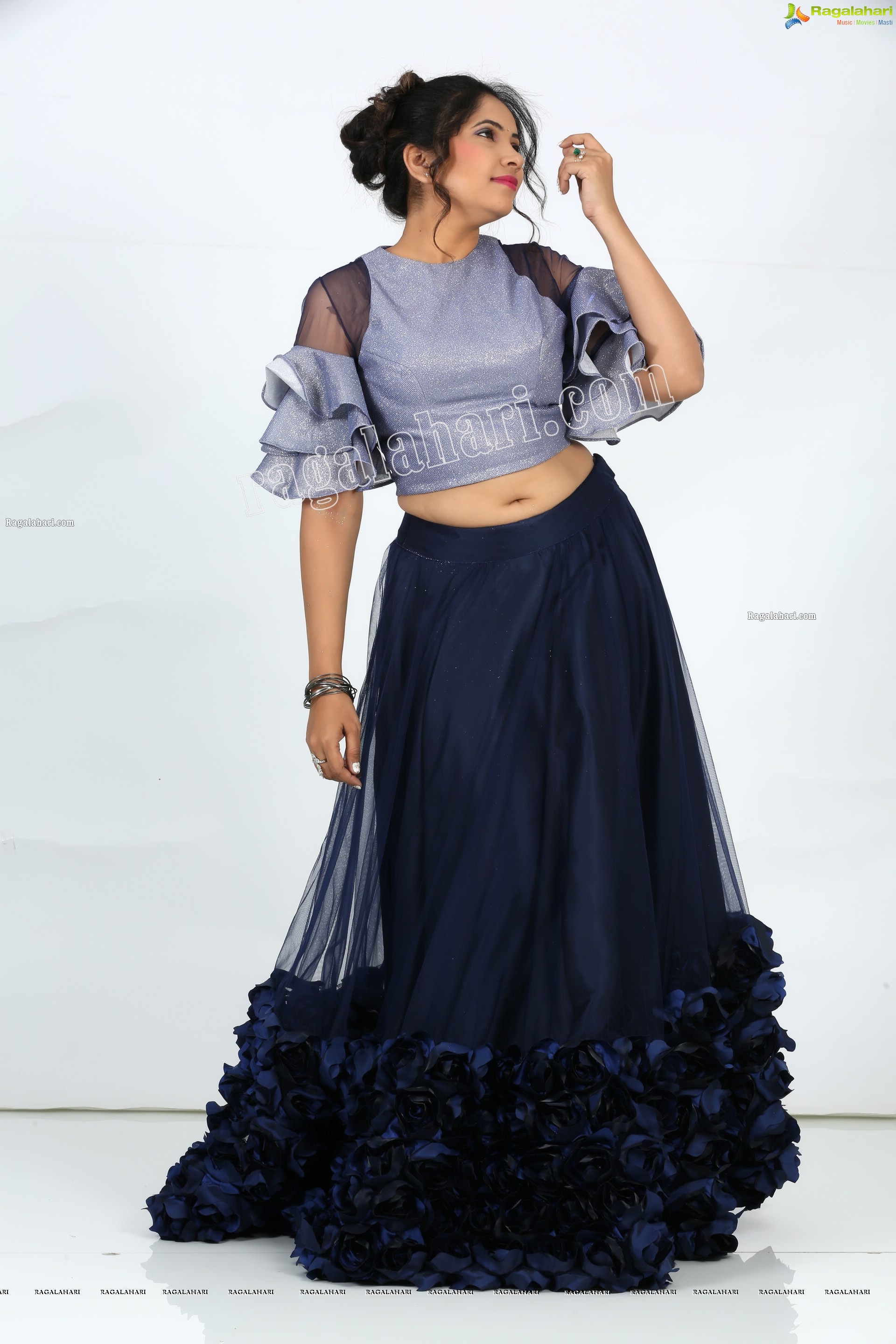 Anchor Indu in Navy Blue Ruffle Lehenga Exclusive Photo Shoot