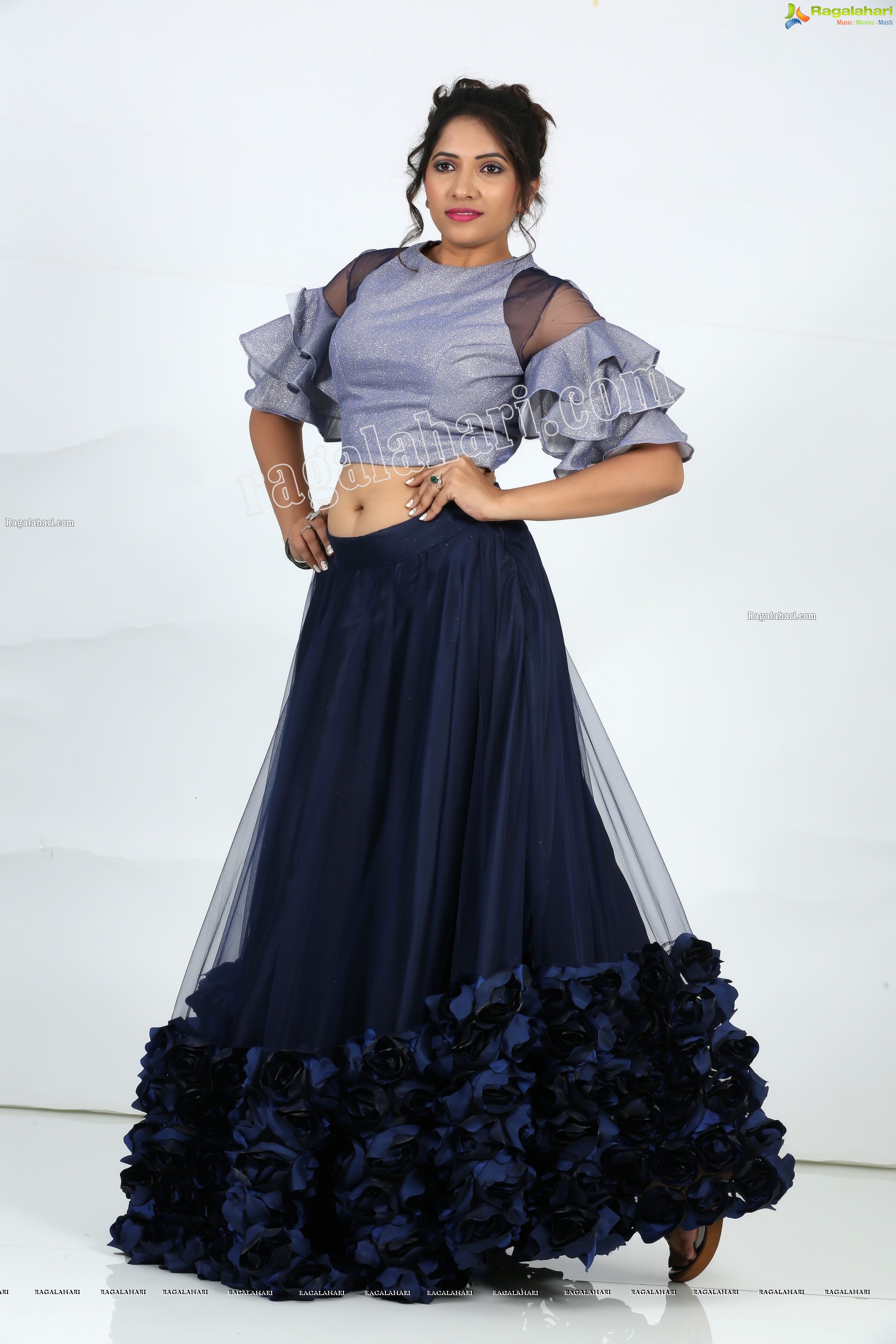 Anchor Indu in Navy Blue Ruffle Lehenga Exclusive Photo Shoot