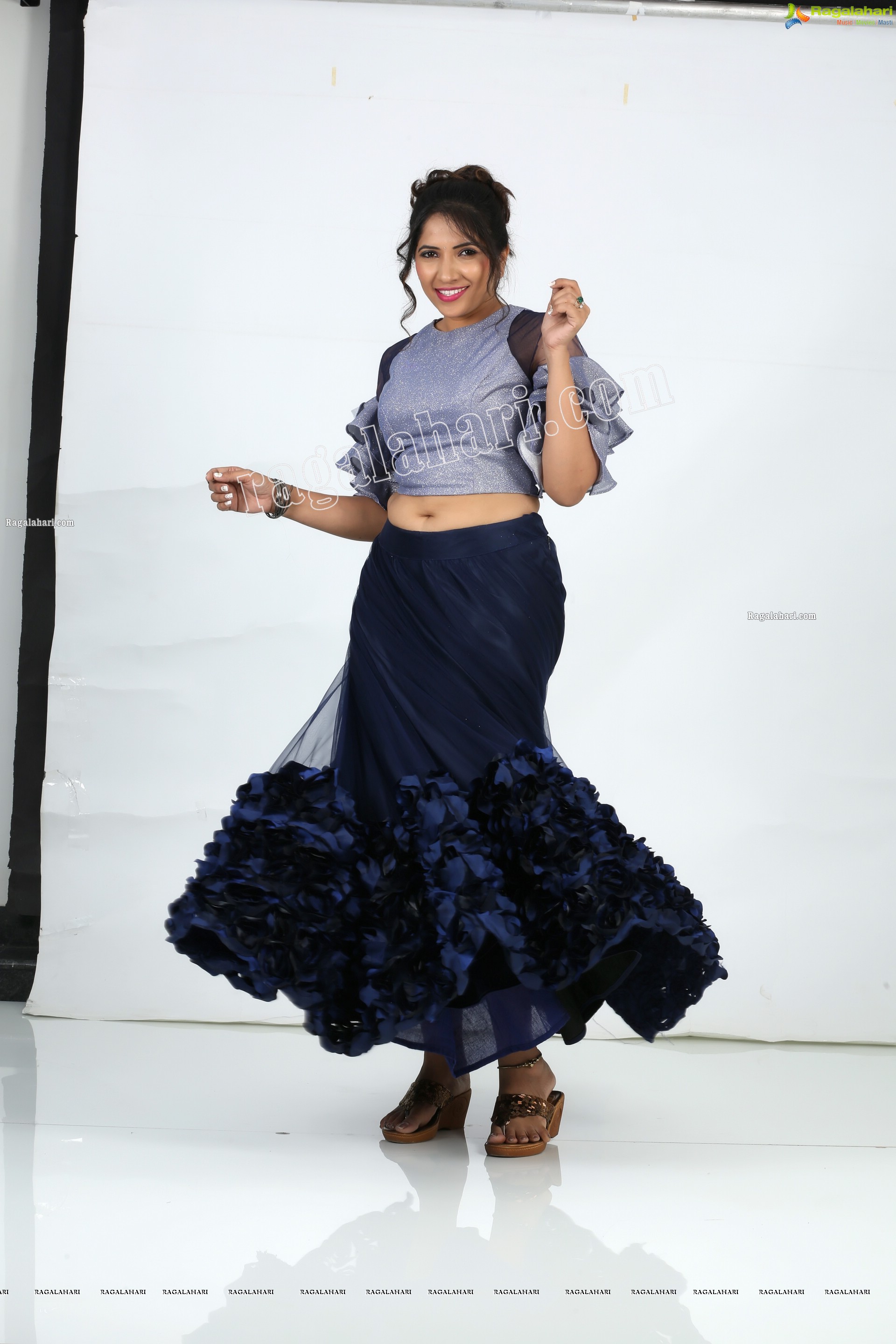 Anchor Indu in Navy Blue Ruffle Lehenga Exclusive Photo Shoot