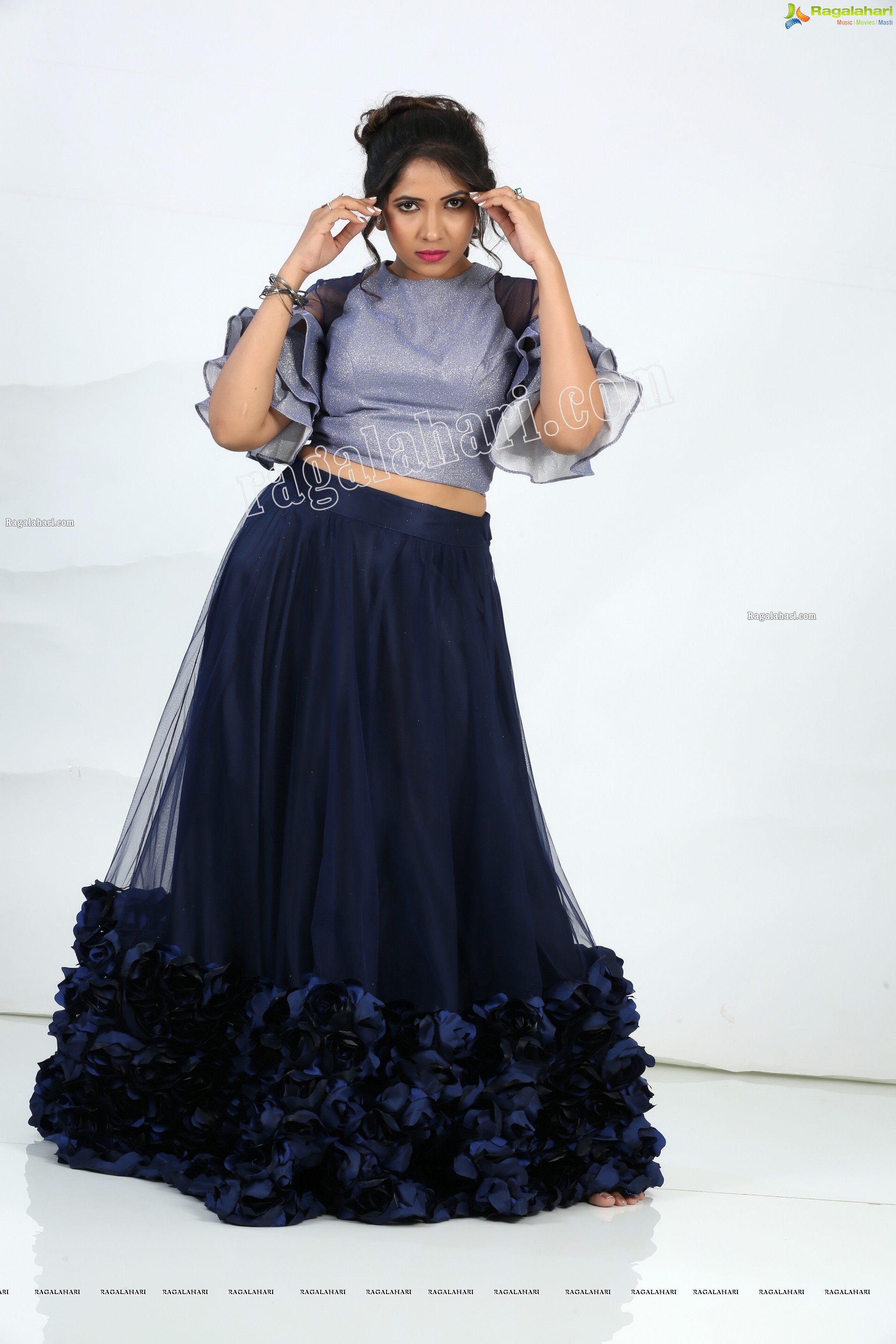 Anchor Indu in Navy Blue Ruffle Lehenga Exclusive Photo Shoot