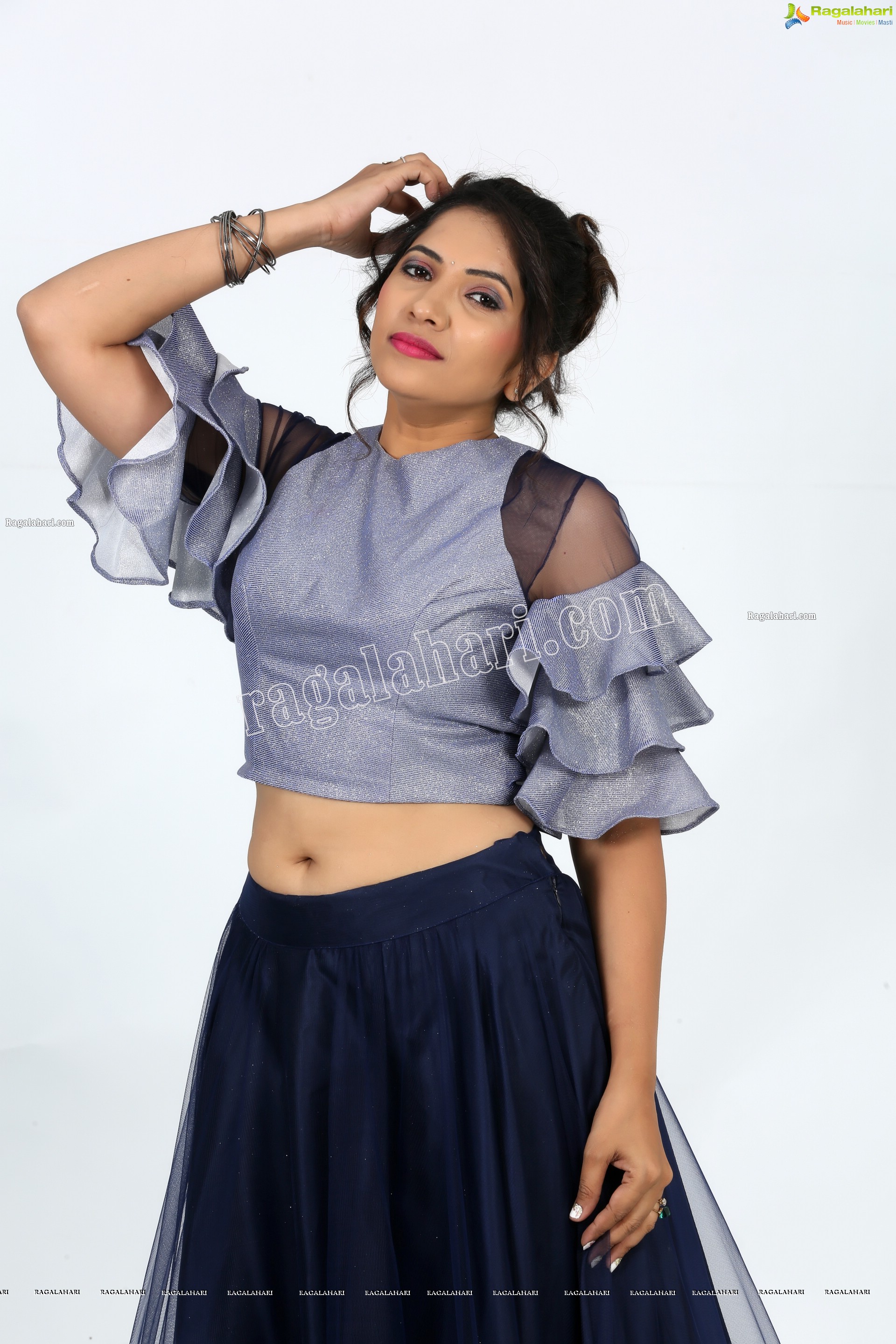 Anchor Indu in Navy Blue Ruffle Lehenga Exclusive Photo Shoot