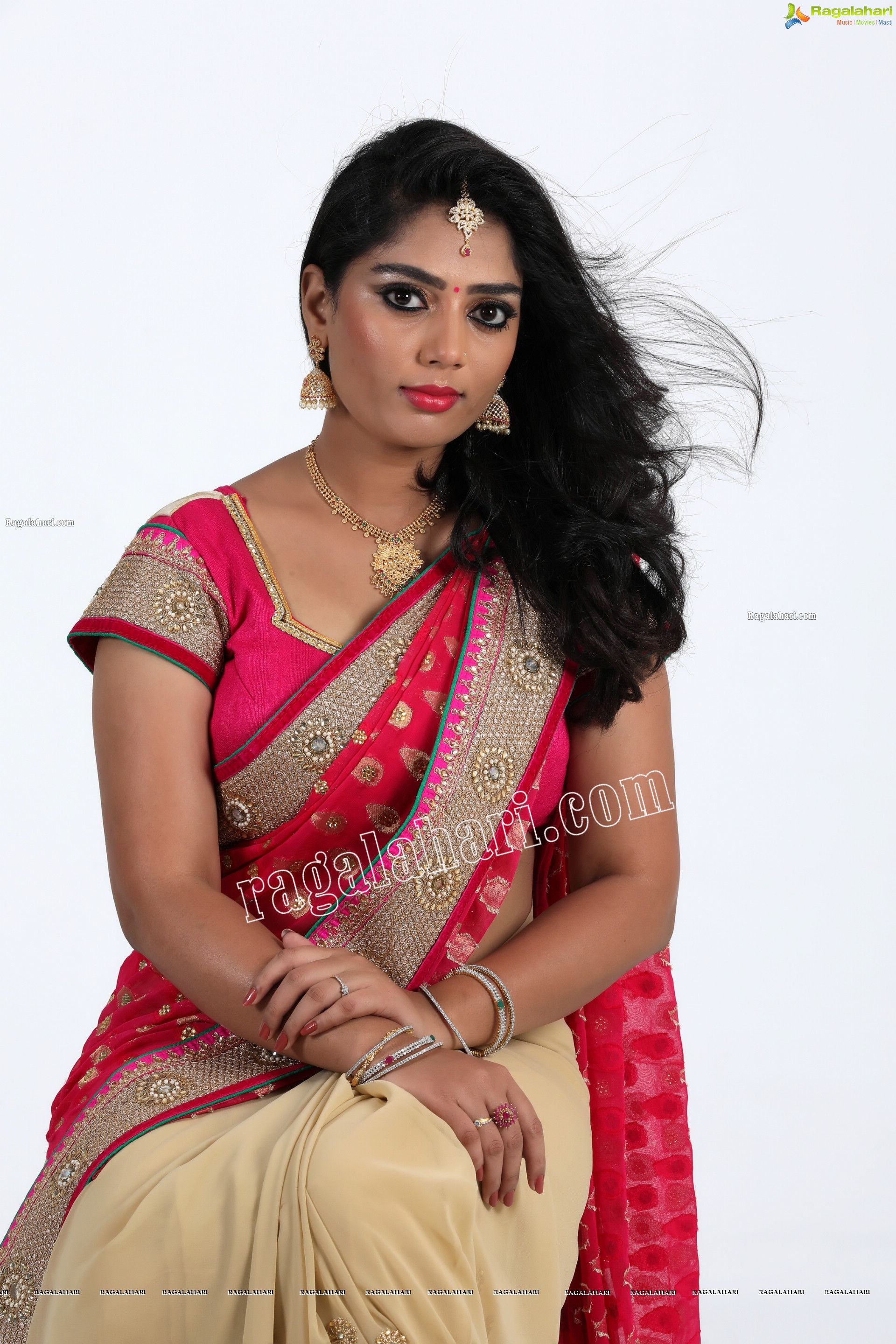 Lasya Sri in Pink and Cream Designer Saree, Exclusive Photo Shoot