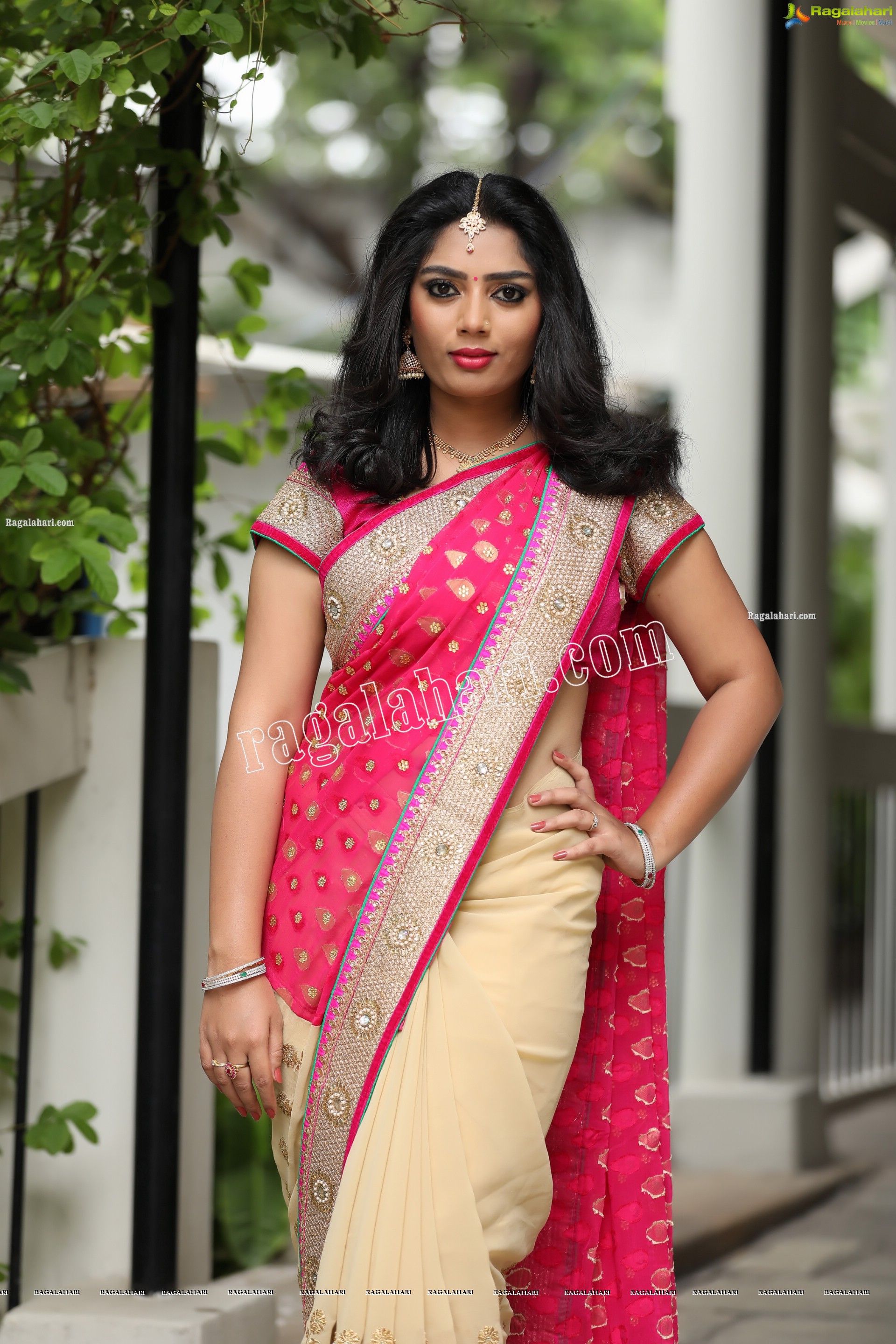 Lasya Sri in Pink and Cream Designer Saree, Exclusive Photo Shoot