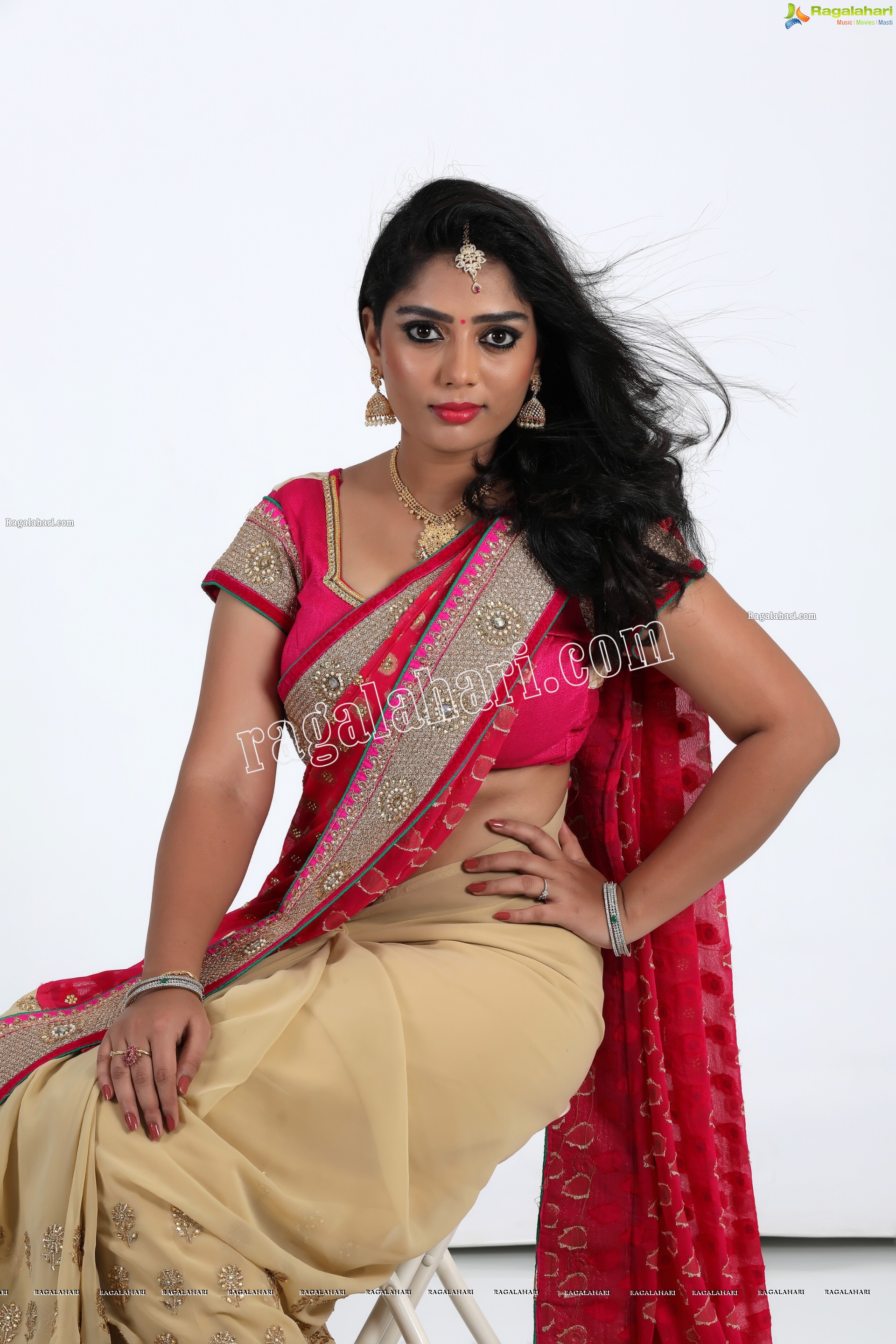 Lasya Sri in Pink and Cream Designer Saree, Exclusive Photo Shoot