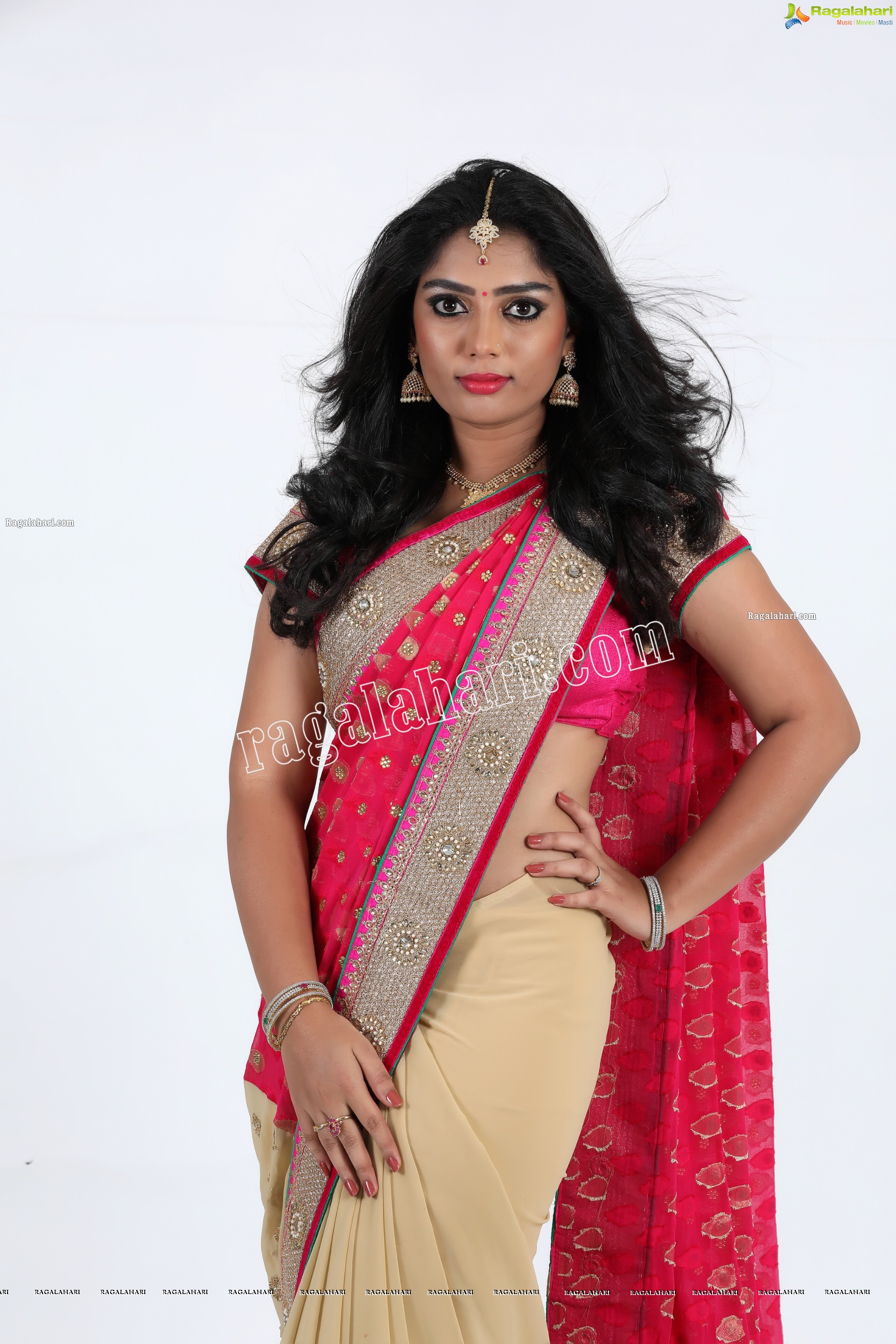 Lasya Sri in Pink and Cream Designer Saree, Exclusive Photo Shoot