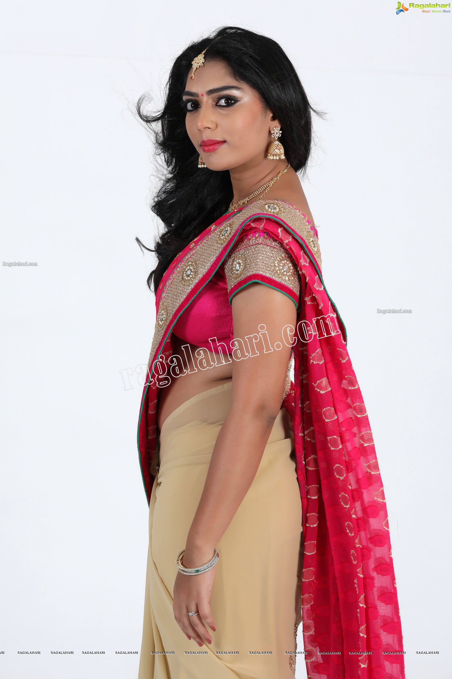 Lasya Sri in Pink and Cream Designer Saree, Exclusive Photo Shoot