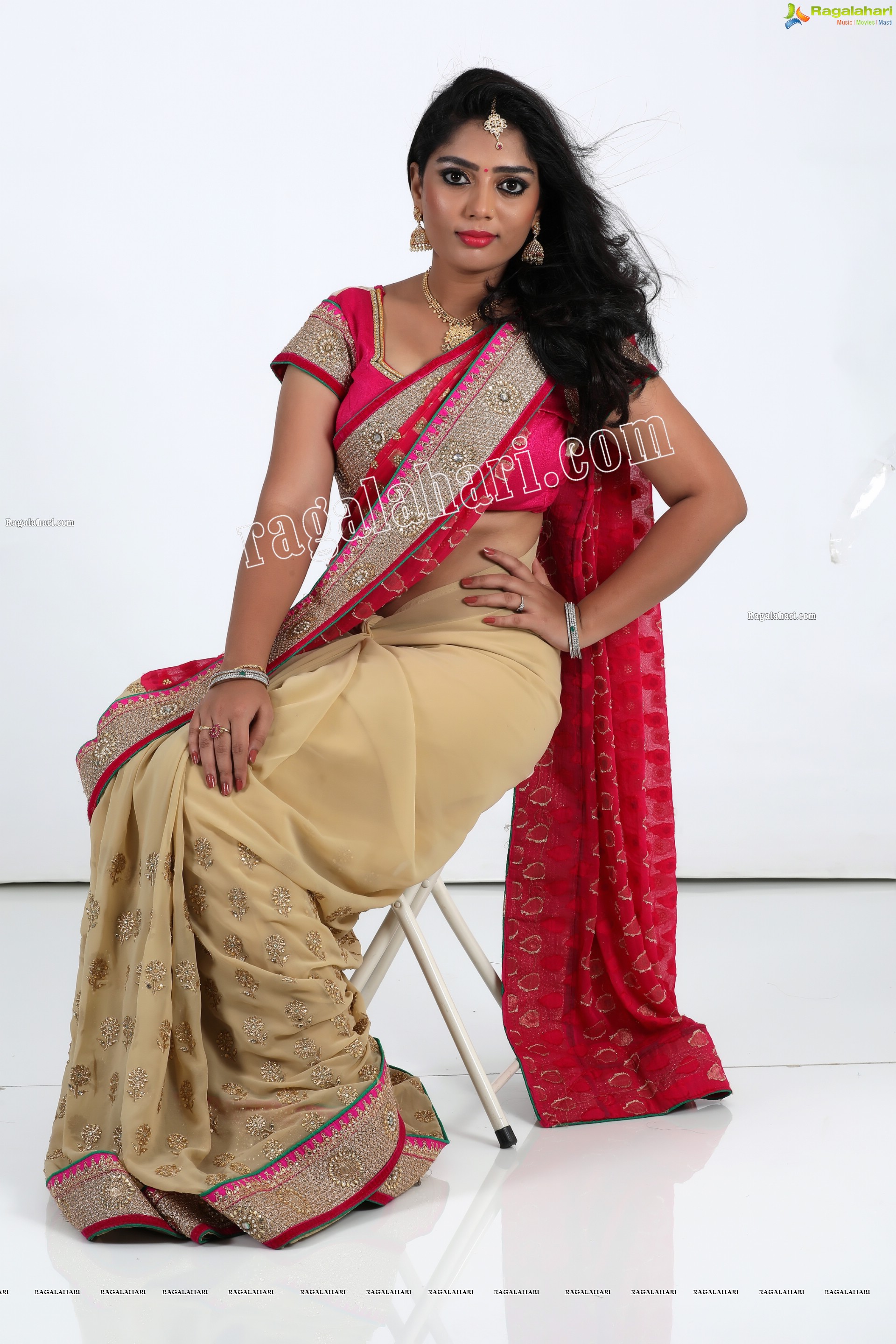 Lasya Sri in Pink and Cream Designer Saree, Exclusive Photo Shoot