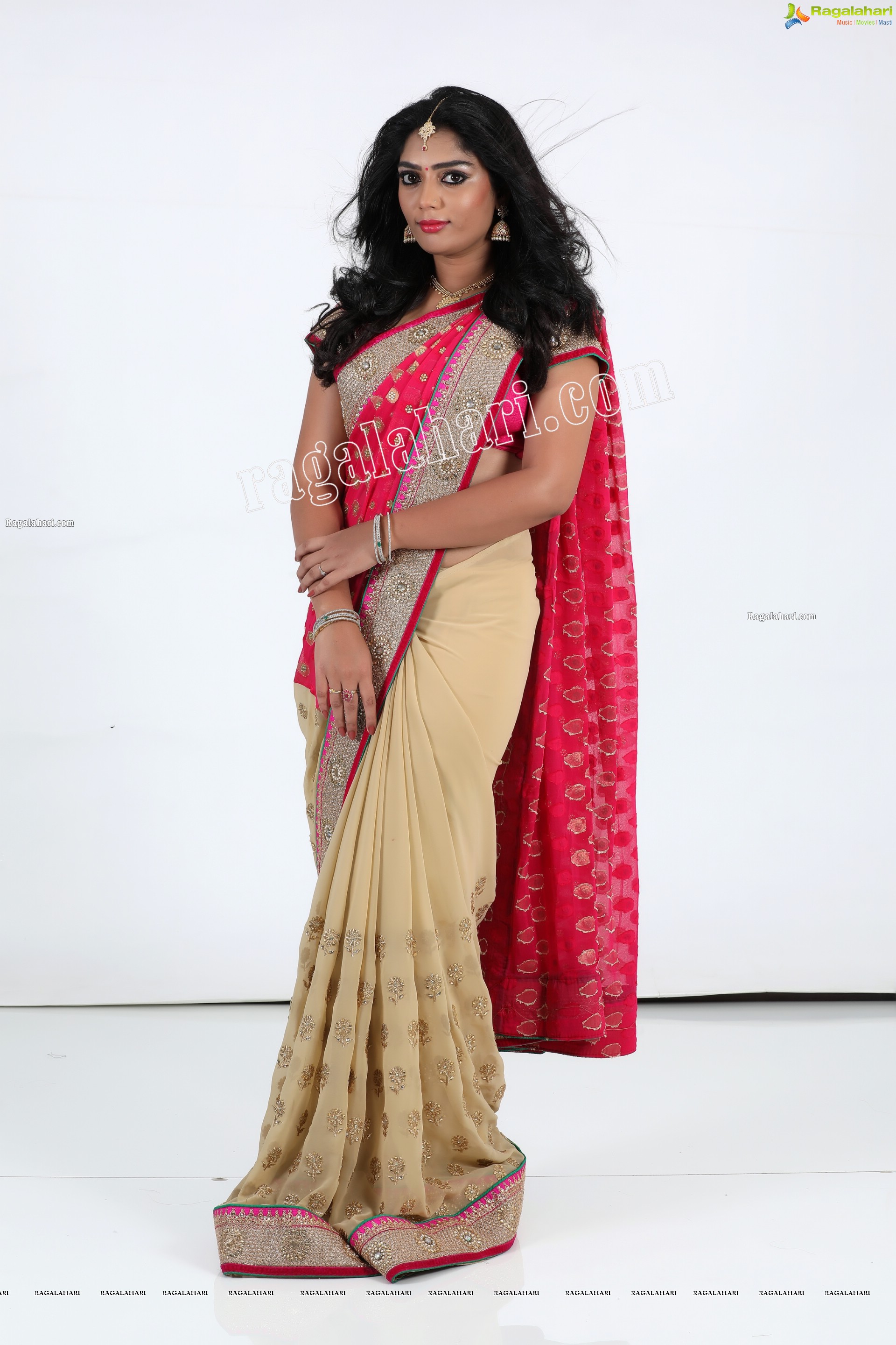 Lasya Sri in Pink and Cream Designer Saree, Exclusive Photo Shoot