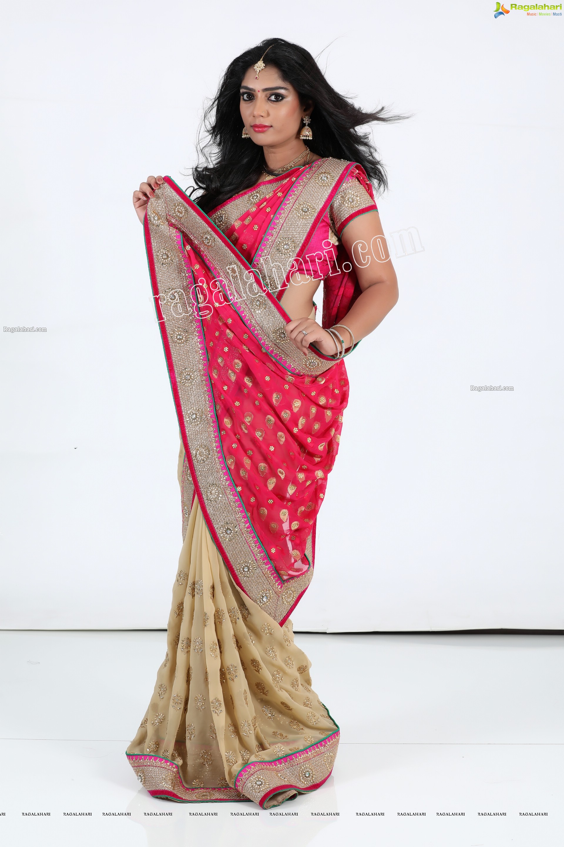 Lasya Sri in Pink and Cream Designer Saree, Exclusive Photo Shoot