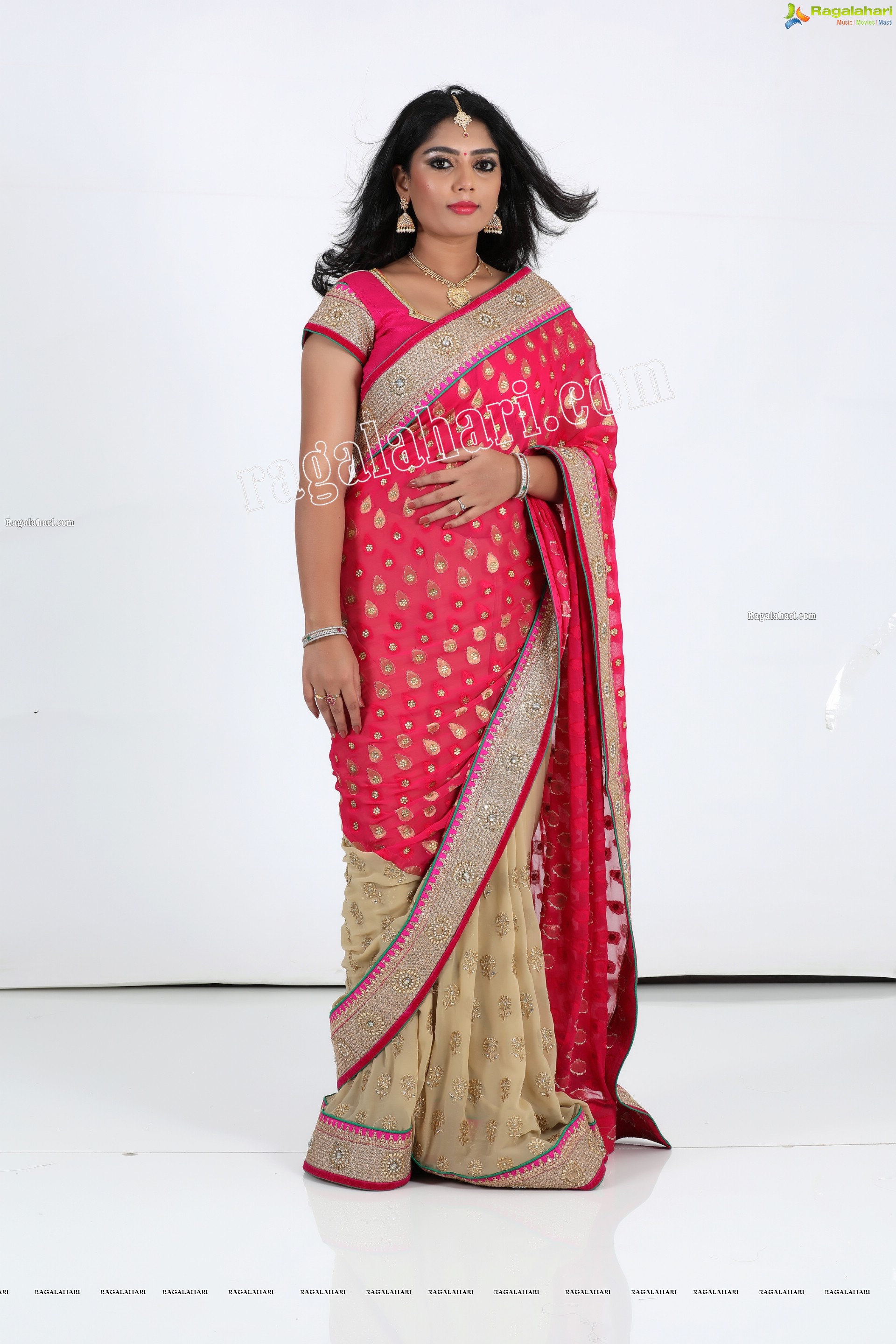 Lasya Sri in Pink and Cream Designer Saree, Exclusive Photo Shoot