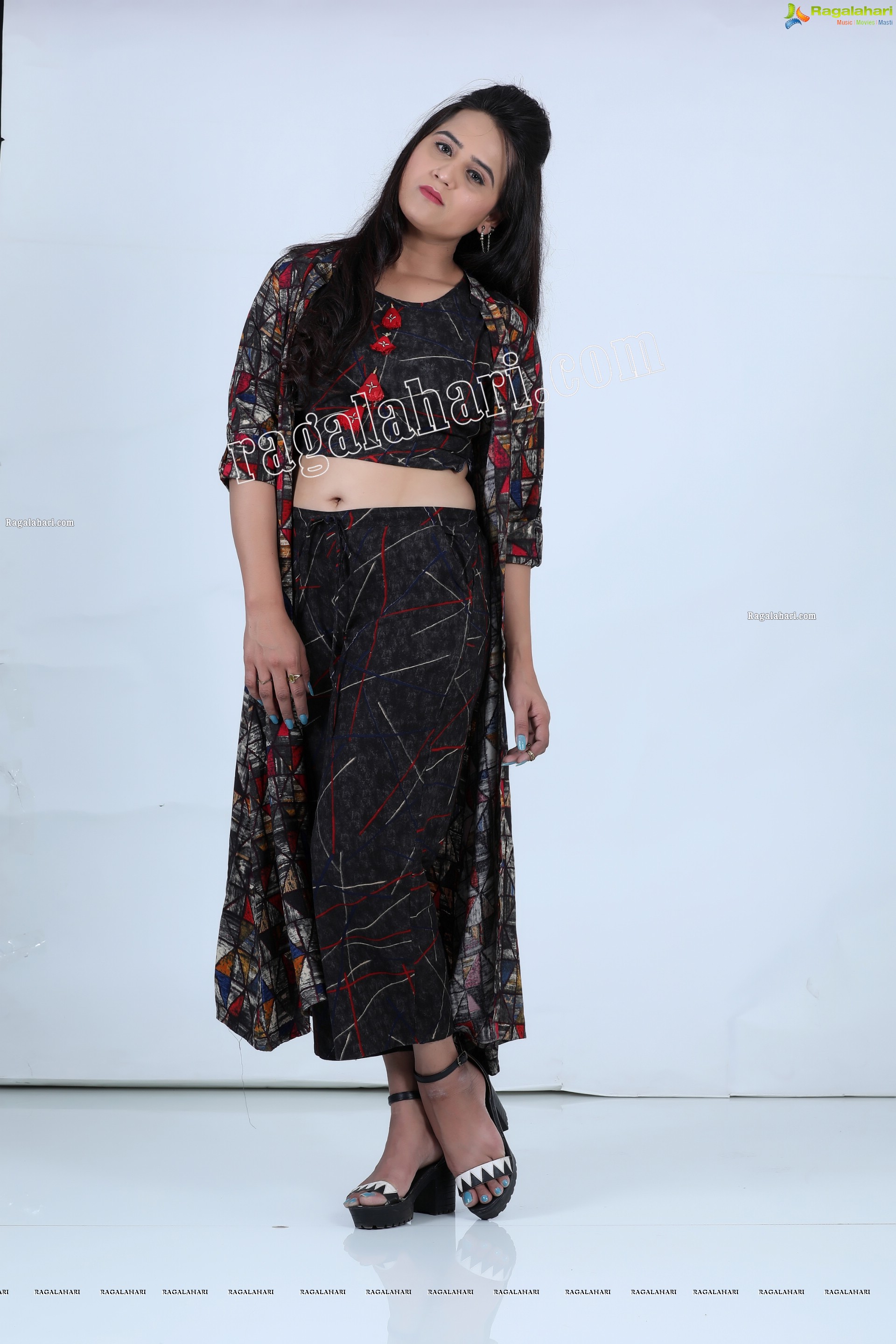 Preyasi Jiggar in Black Printed Crop Top With Palazzo and Long Jacket, Exclusive Photo Shoot