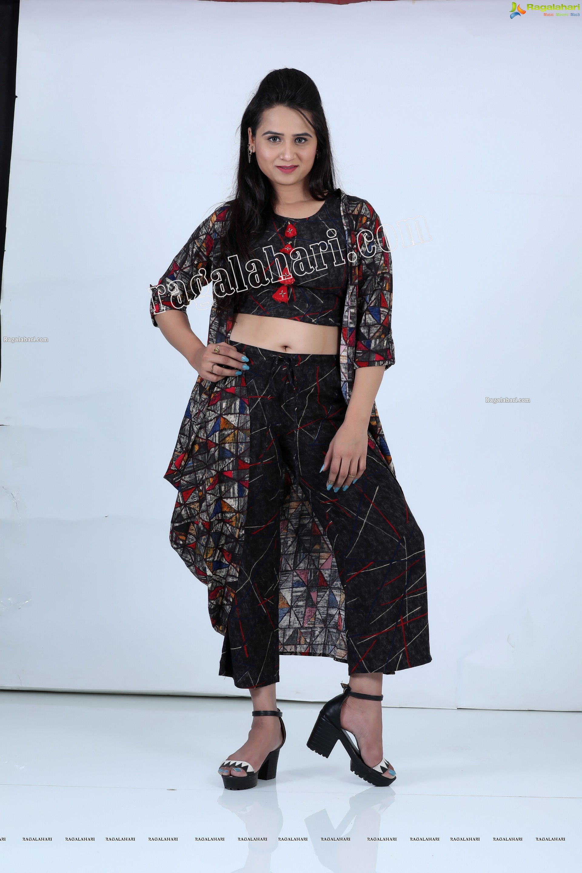 Preyasi Jiggar in Black Printed Crop Top With Palazzo and Long Jacket, Exclusive Photo Shoot