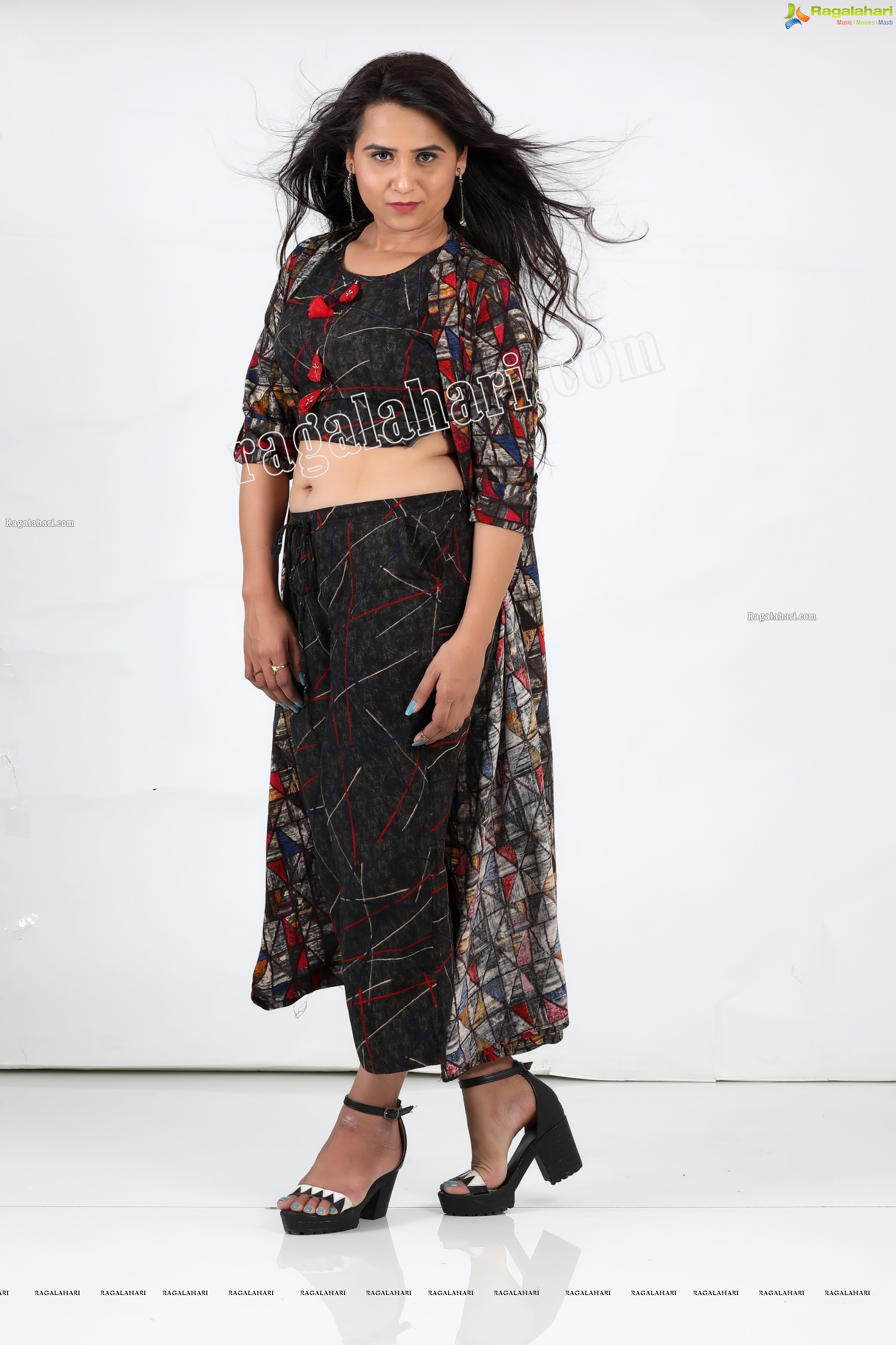 Preyasi Jiggar in Black Printed Crop Top With Palazzo and Long Jacket, Exclusive Photo Shoot