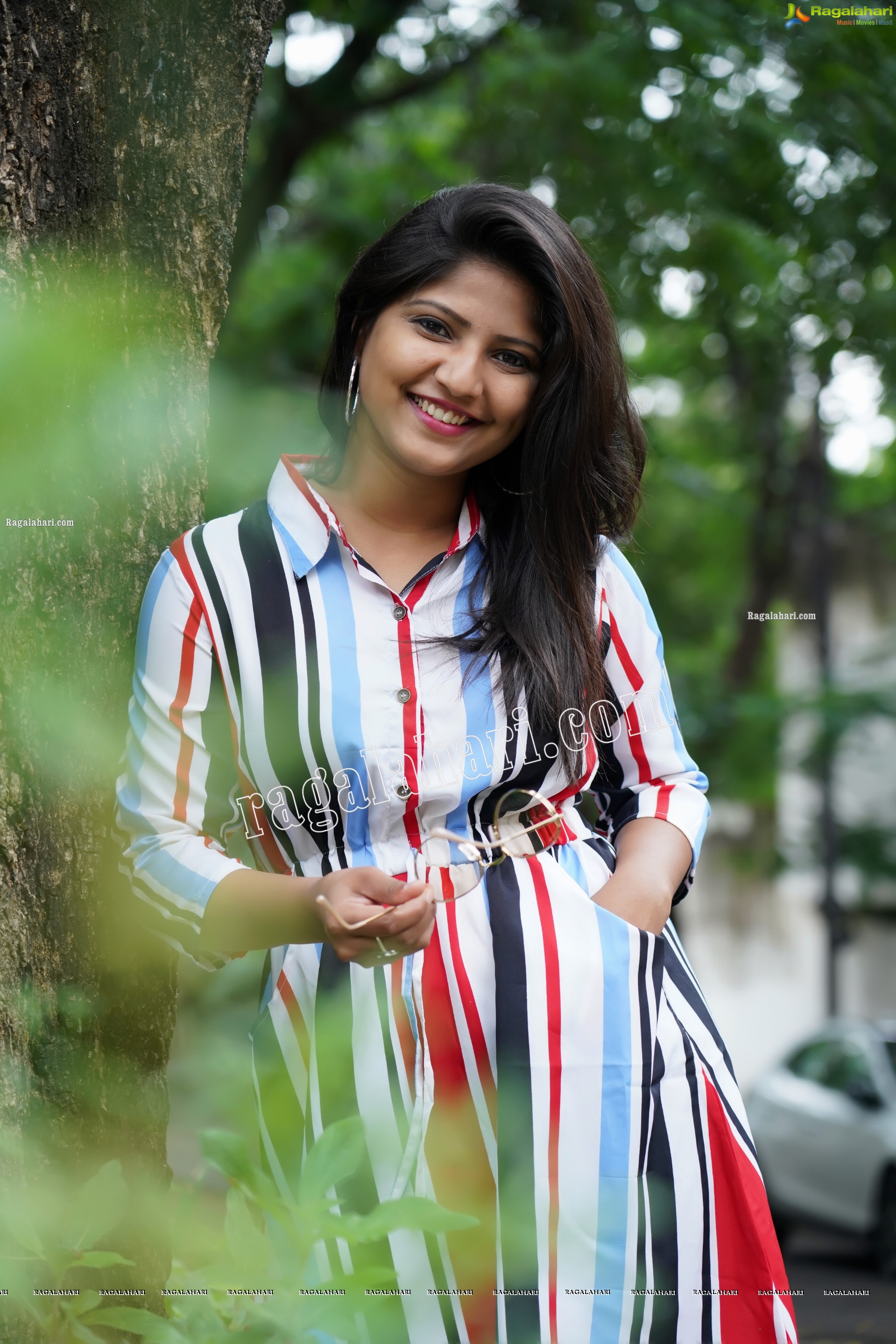 Shabeena Shaik in Striped Knee-Length Dress Exclusive Photo Shoot