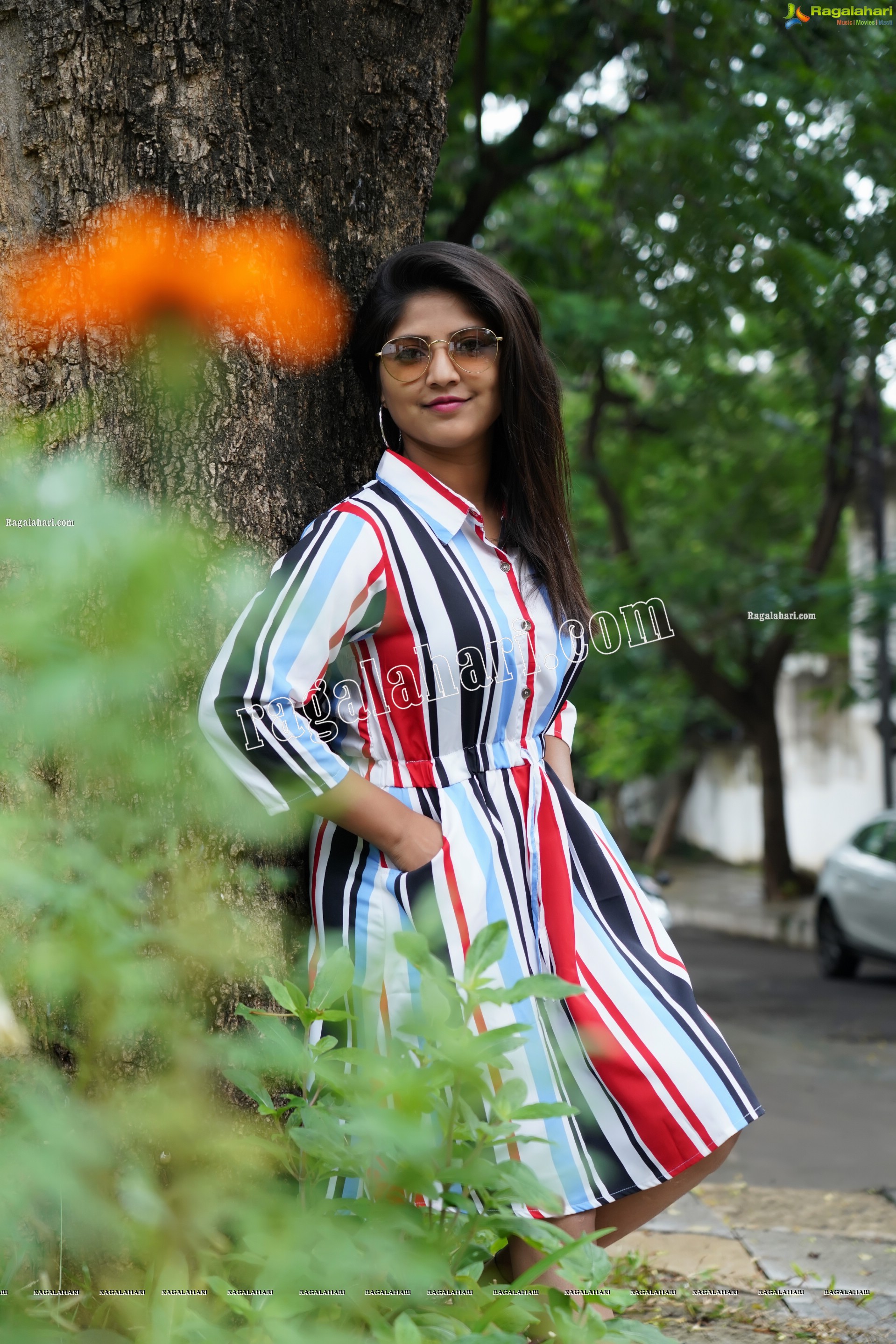 Shabeena Shaik in Striped Knee-Length Dress Exclusive Photo Shoot