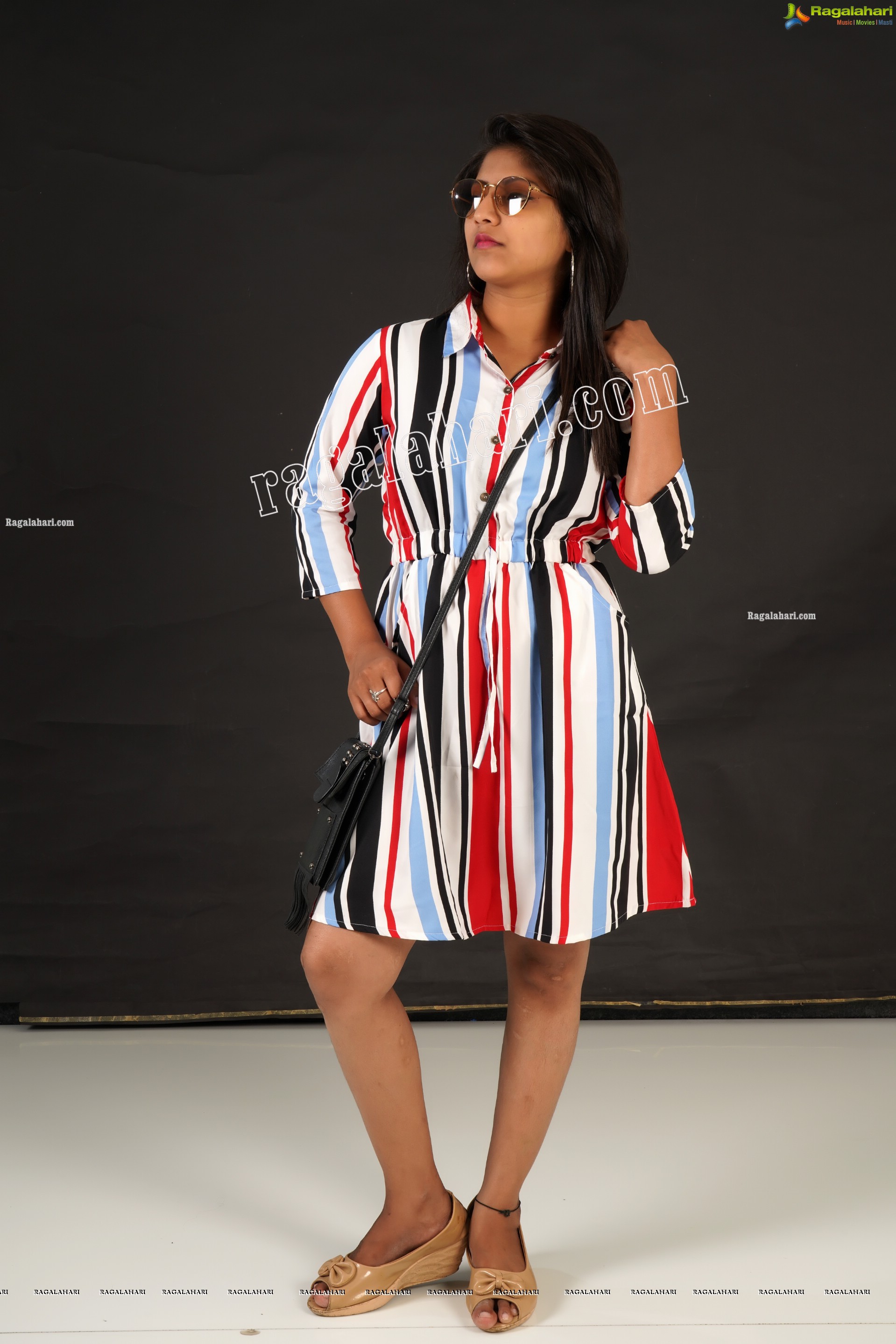 Shabeena Shaik in Striped Knee-Length Dress Exclusive Photo Shoot