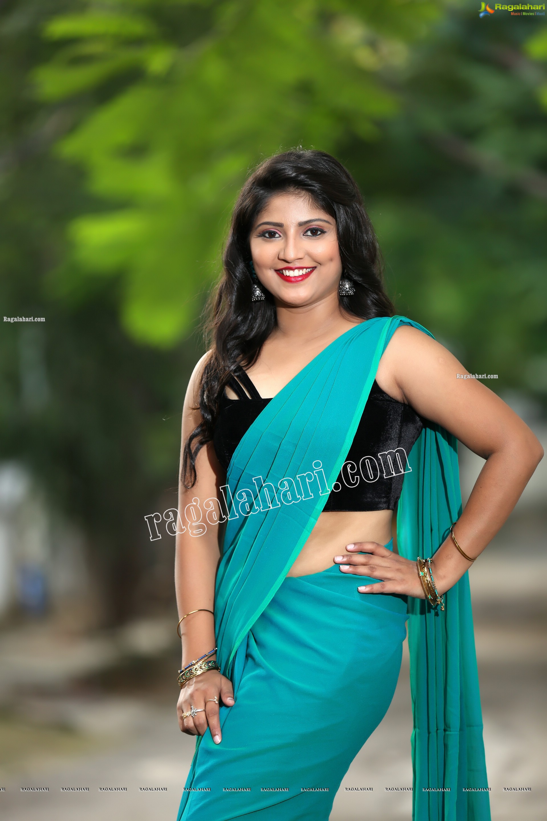 Shabeena Shaik in Light Teal Blue Saree Exclusive Photo Shoot