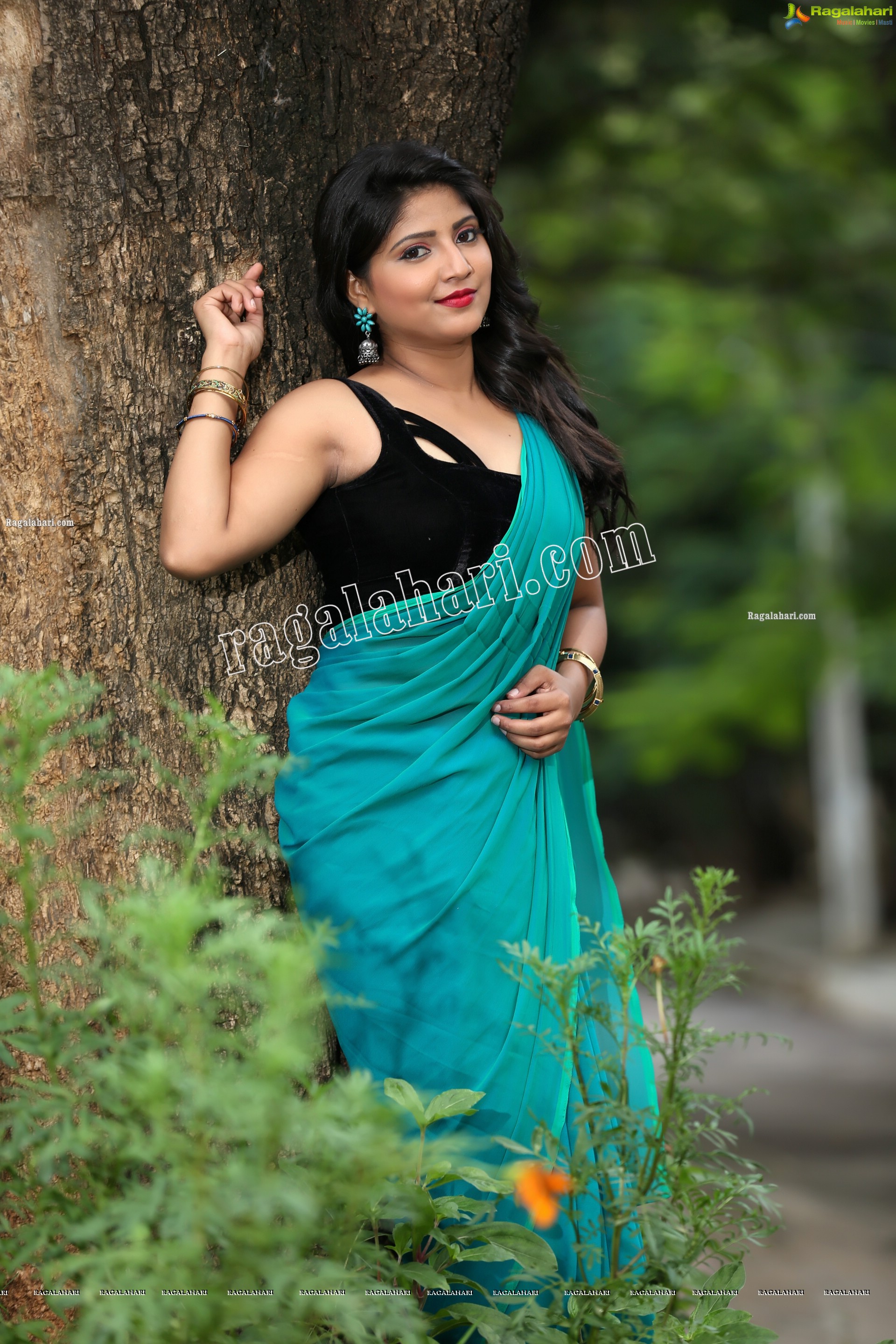 Shabeena Shaik in Light Teal Blue Saree Exclusive Photo Shoot