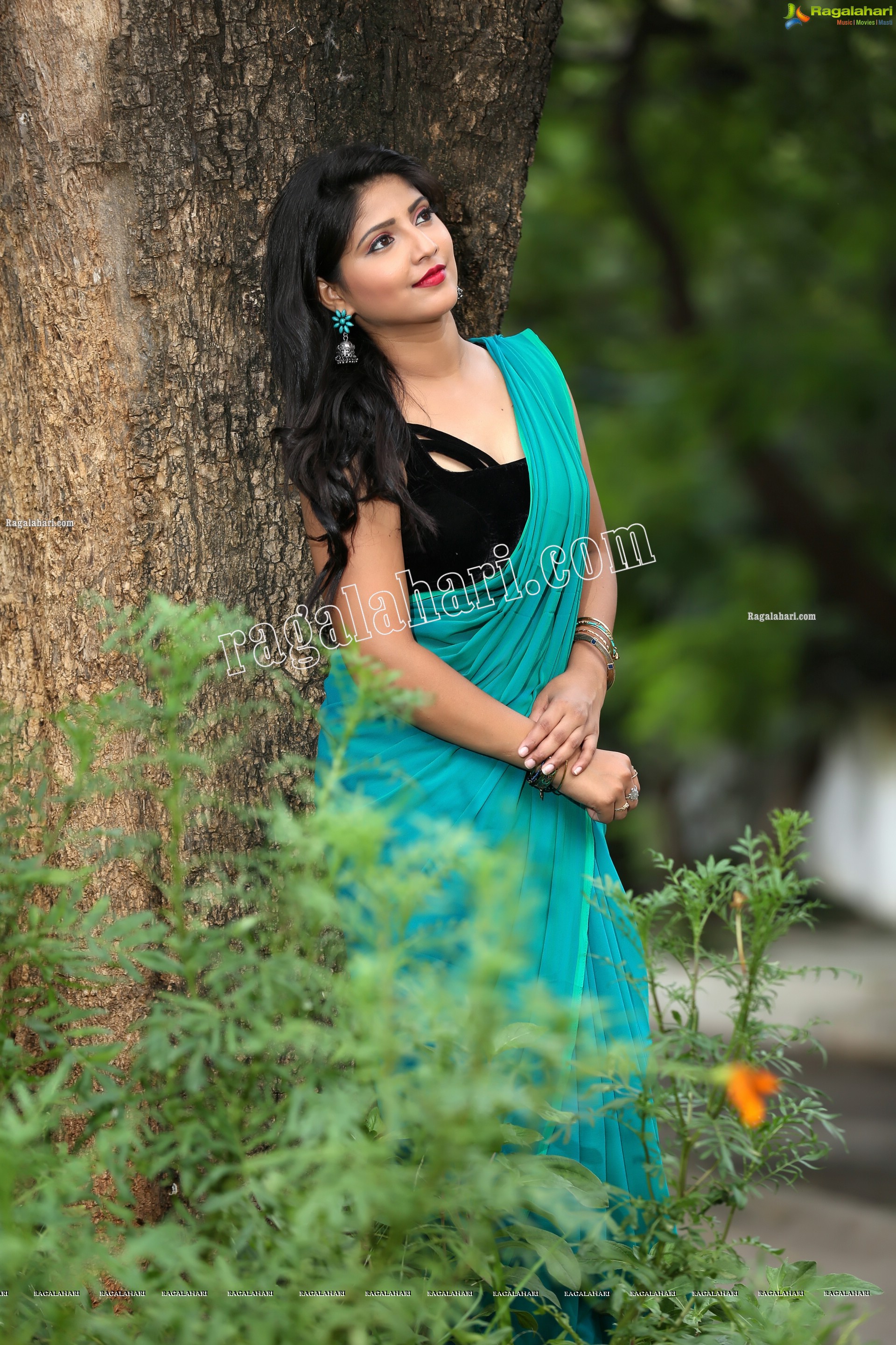 Shabeena Shaik in Light Teal Blue Saree Exclusive Photo Shoot