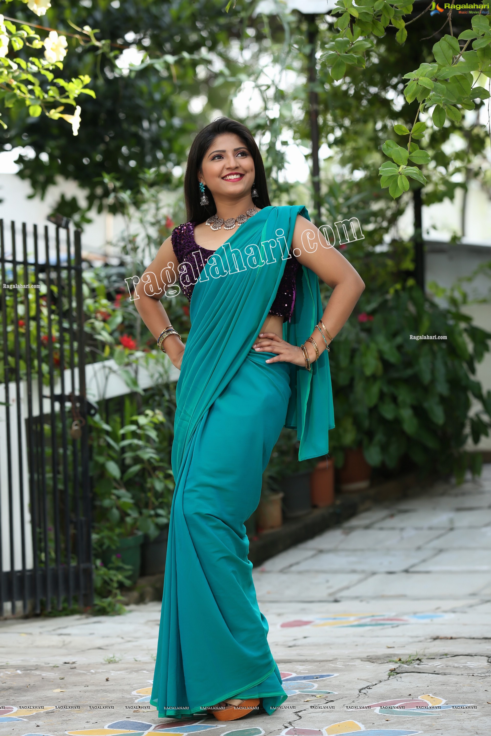 Shabeena Shaik in Light Teal Blue Saree Exclusive Photo Shoot