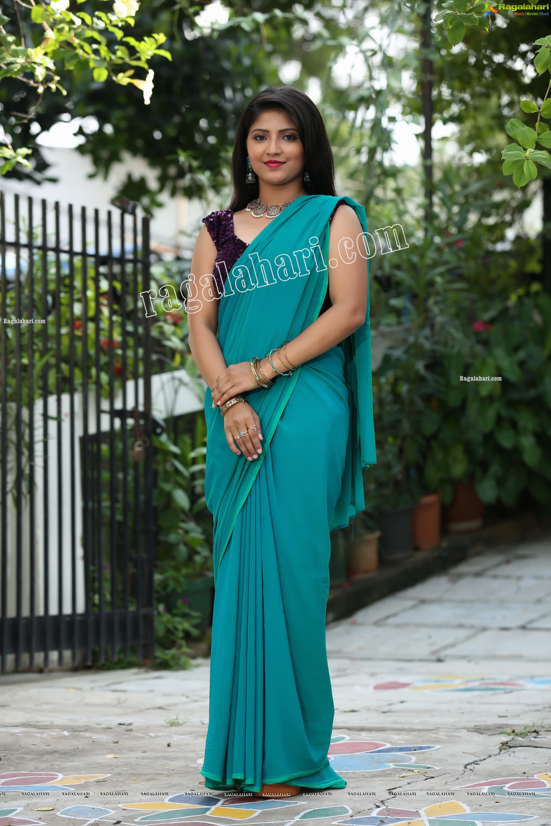 Shabeena Shaik in Light Teal Blue Saree Exclusive Photo Shoot