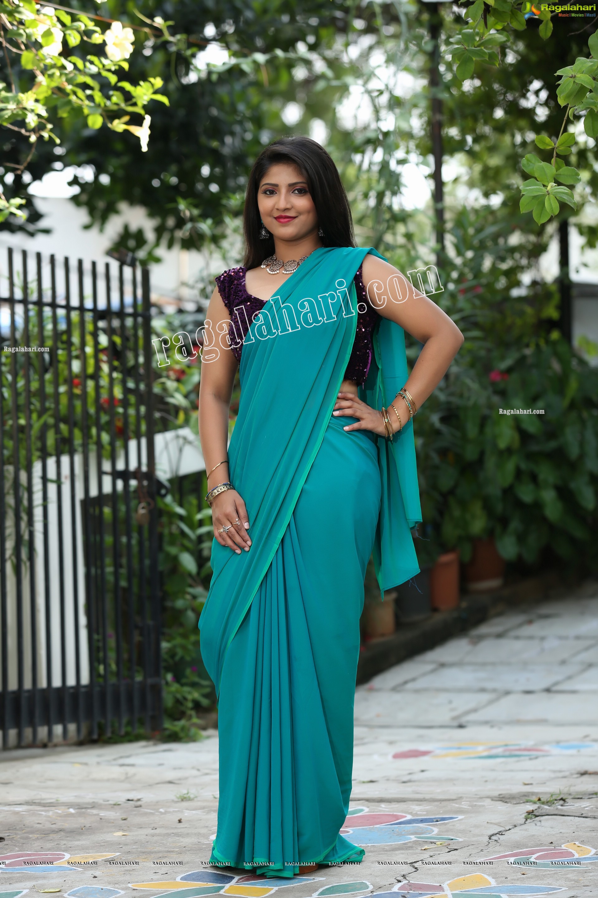 Shabeena Shaik in Light Teal Blue Saree Exclusive Photo Shoot