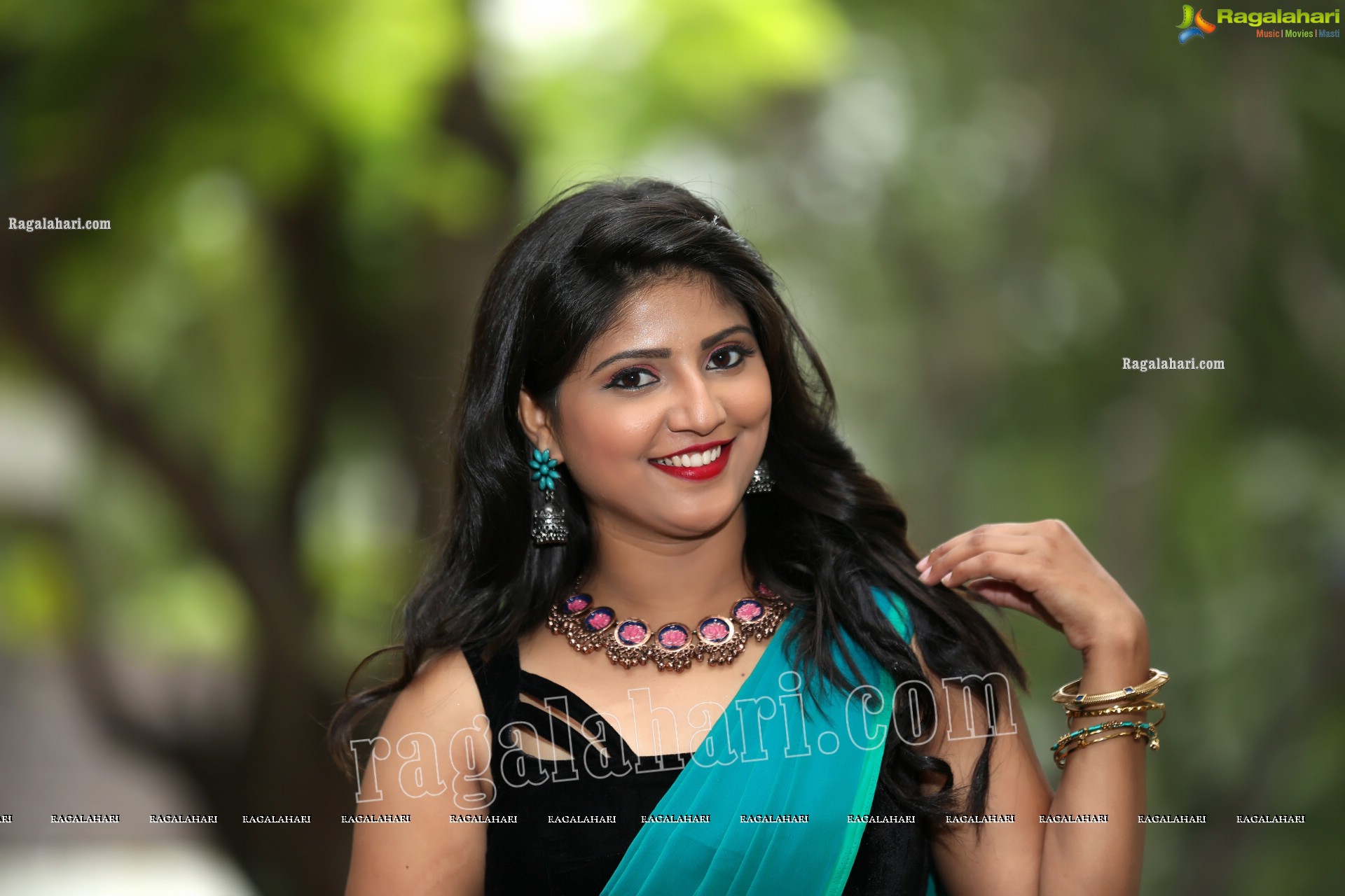 Shabeena Shaik in Light Teal Blue Saree Exclusive Photo Shoot