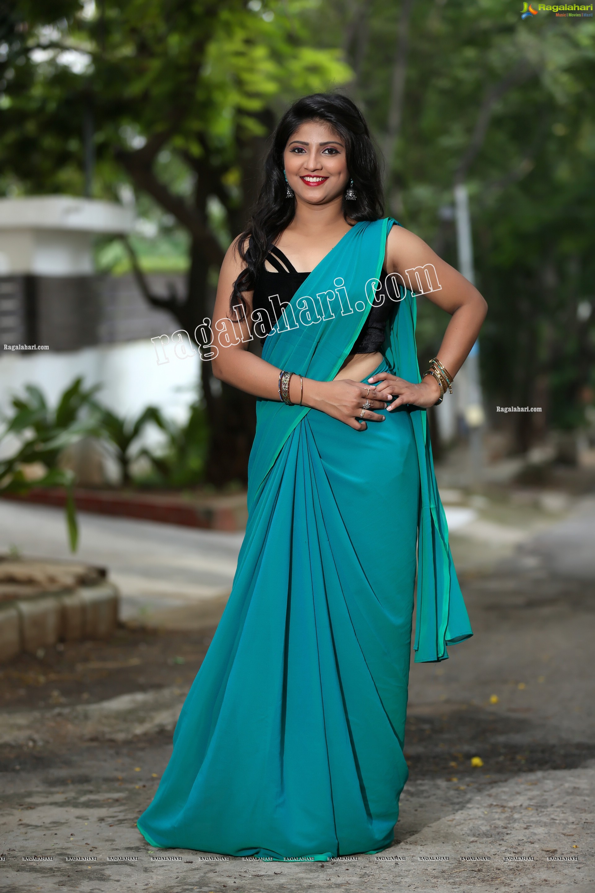 Shabeena Shaik in Light Teal Blue Saree Exclusive Photo Shoot