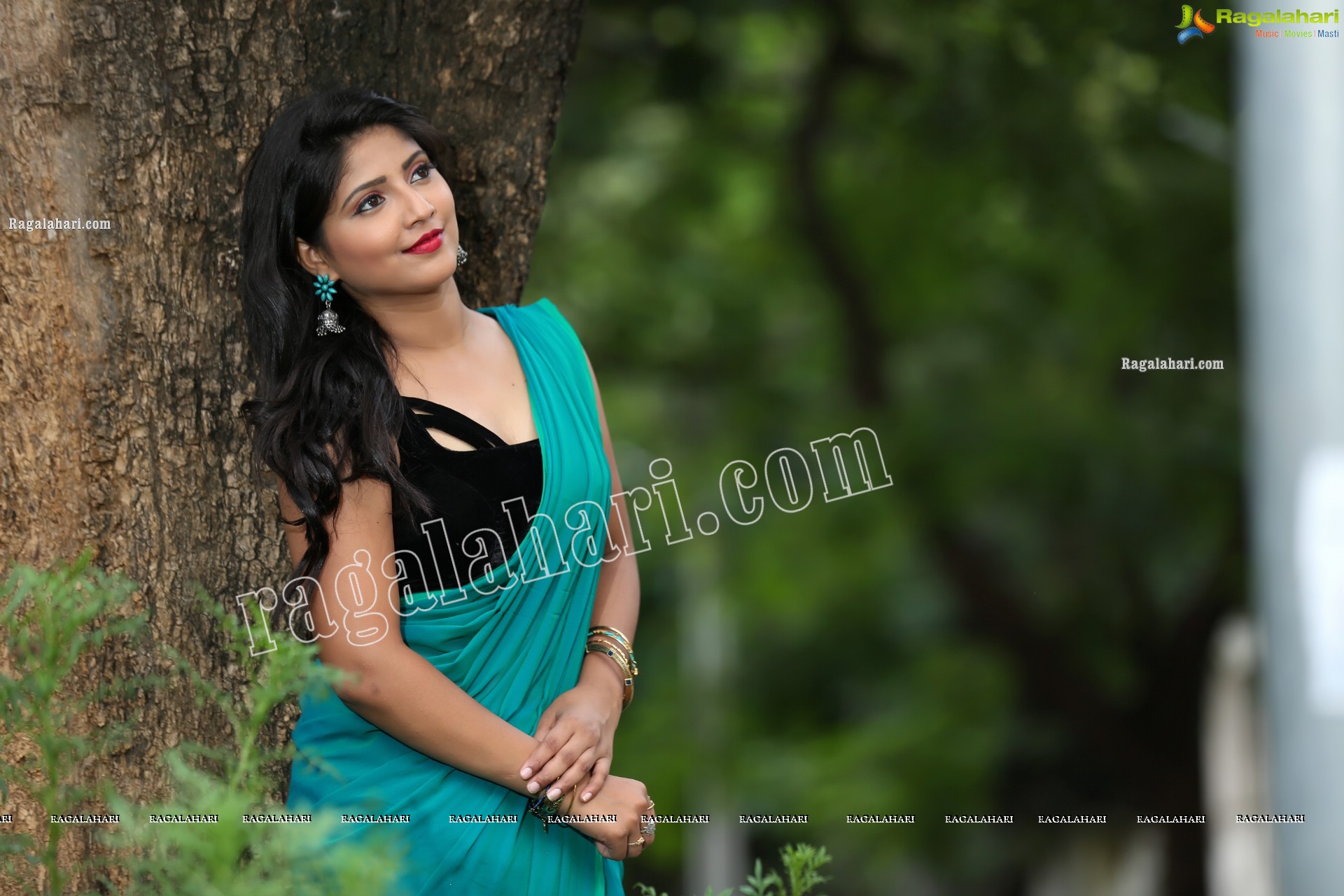 Shabeena Shaik in Light Teal Blue Saree Exclusive Photo Shoot