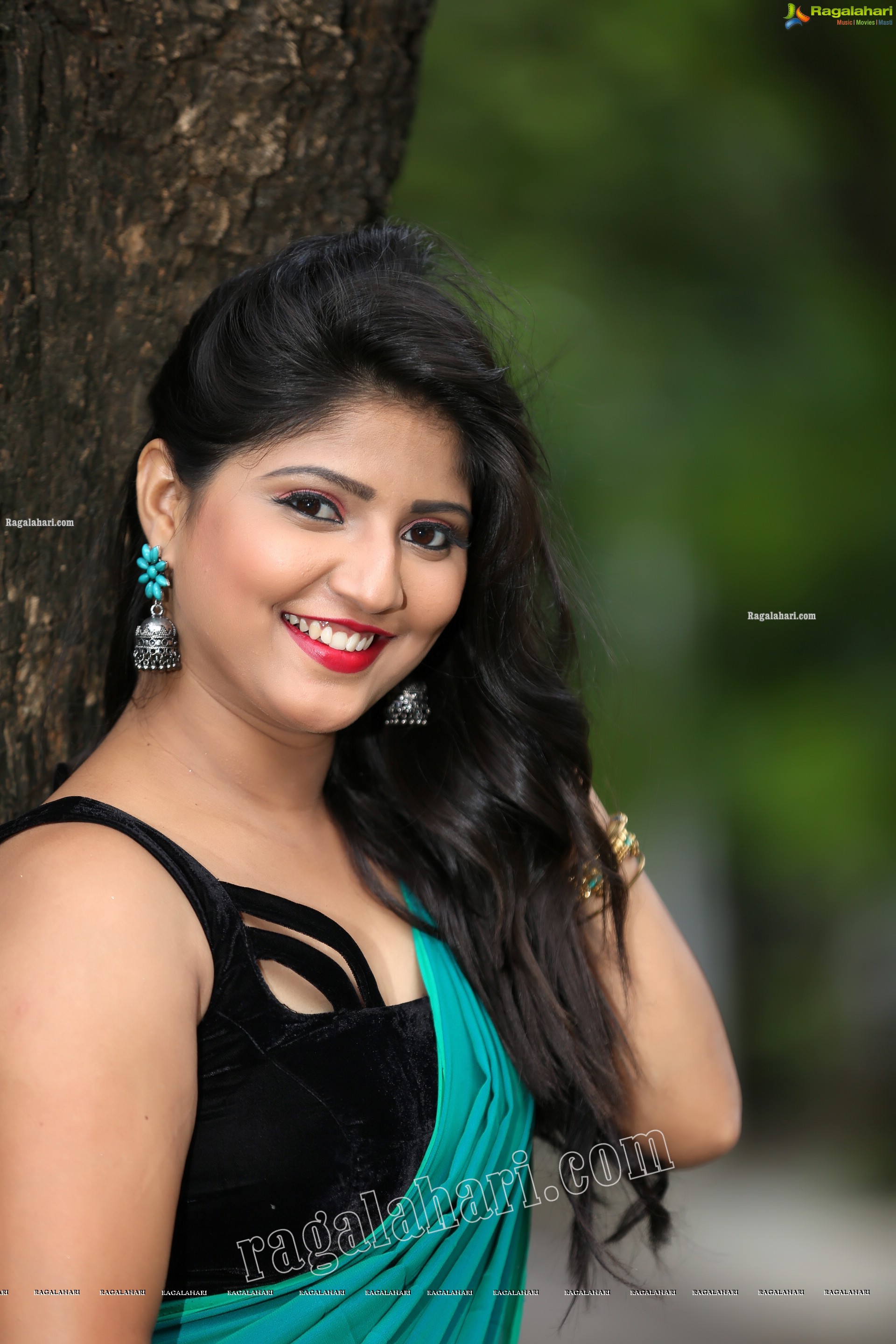 Shabeena Shaik in Light Teal Blue Saree Exclusive Photo Shoot