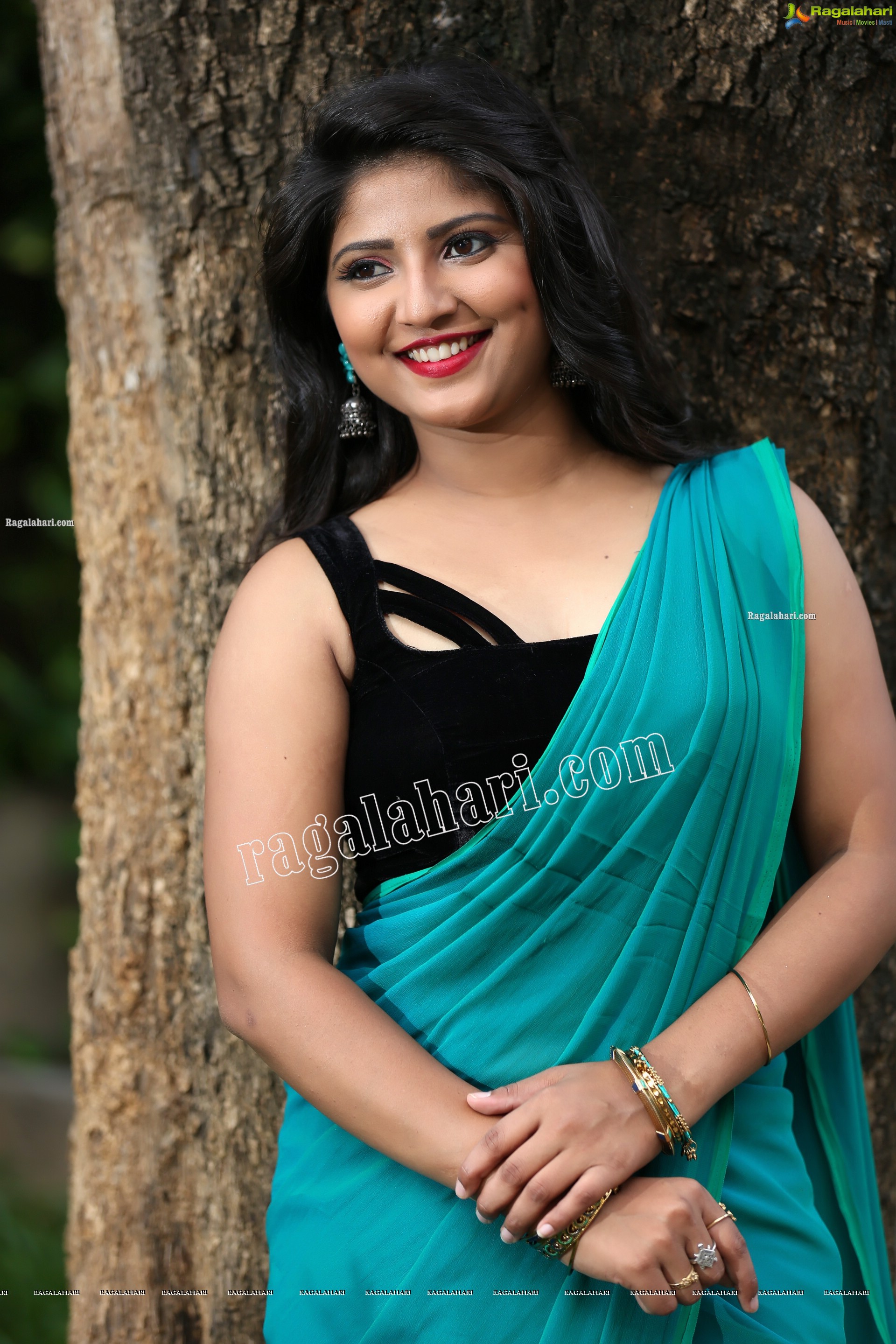 Shabeena Shaik in Light Teal Blue Saree Exclusive Photo Shoot